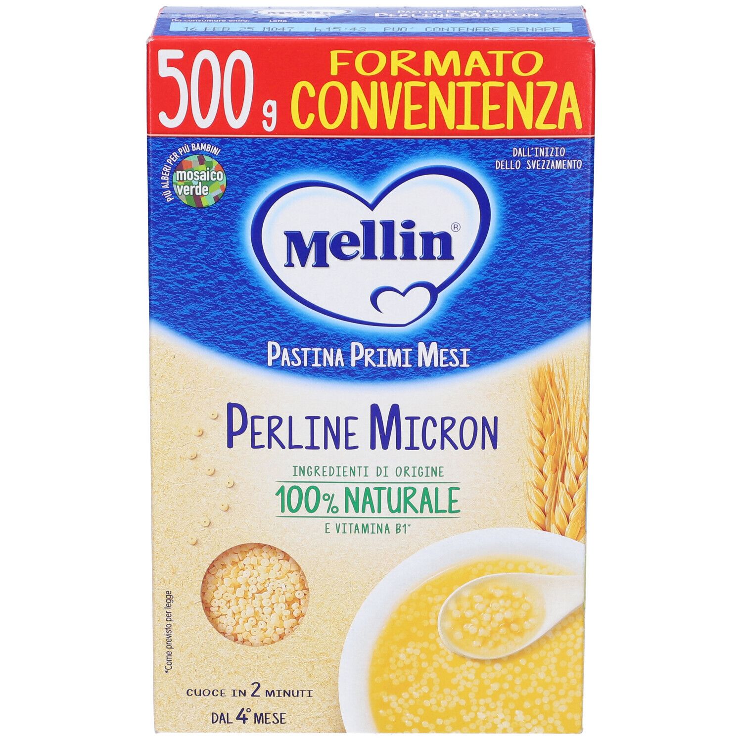 Confezione da 500g di Mellin Perline Micron. Confezione blu e beige con immagine del prodotto e logo. Contiene vitamina B1.