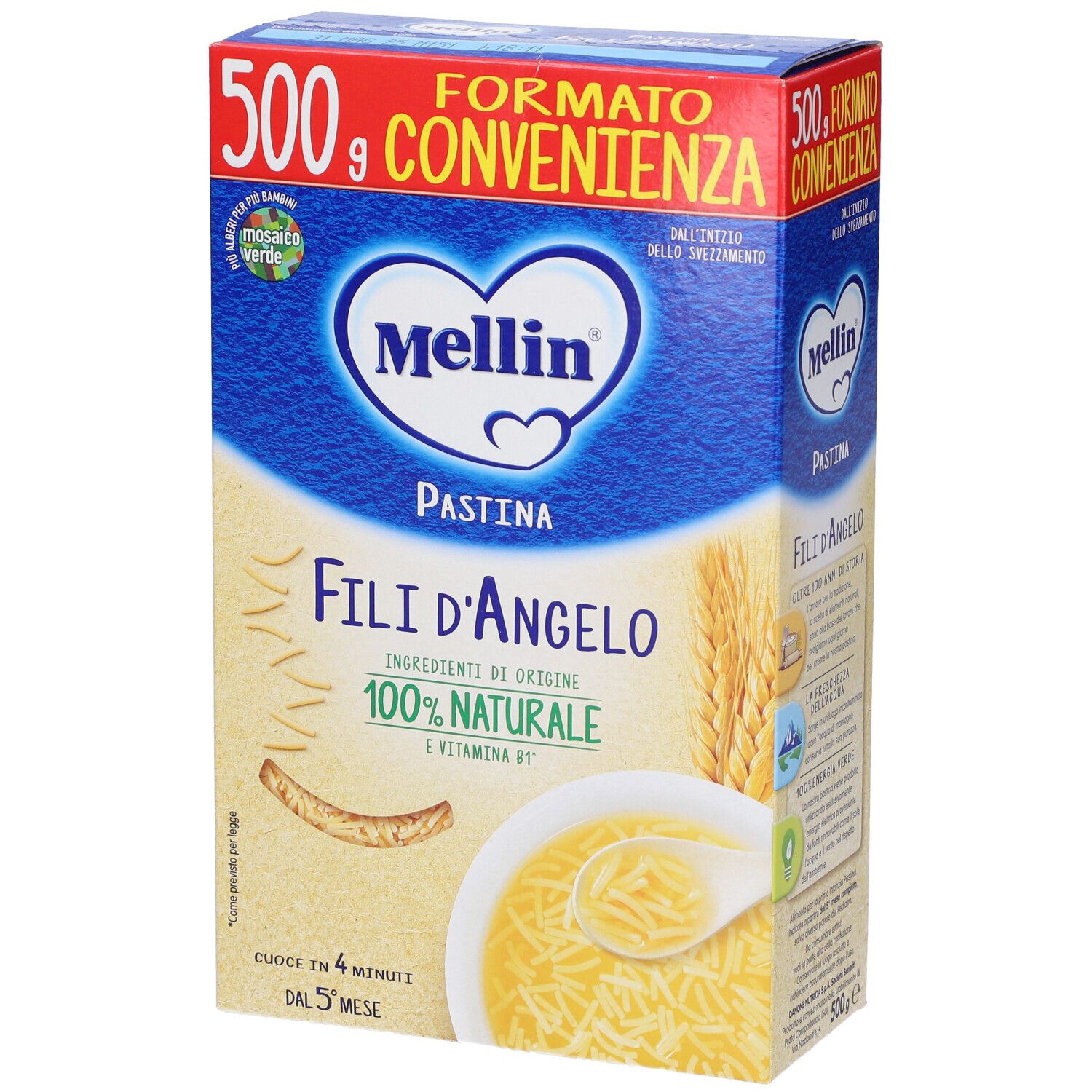 Mellin Pastina Fili D'Angelo. Confezione da 500g. Confezione blu e rossa con nome e logo del prodotto. Immagine di pasta in brodo.