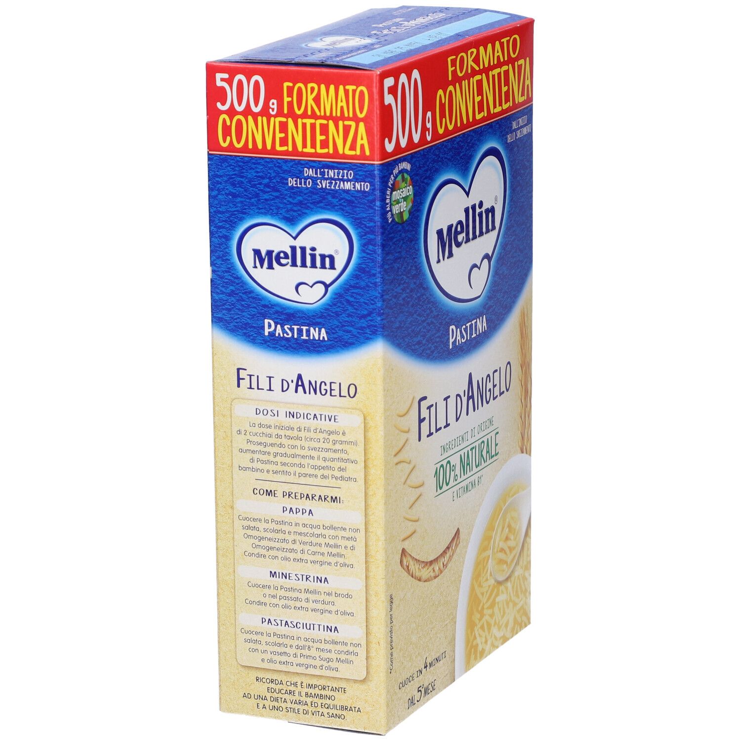 Mellin Pastina Fili D'Angelo. Confezione da 500g. Confezione blu e rossa. Nome e logo del prodotto. Vista laterale con testo e informazioni nutrizionali.