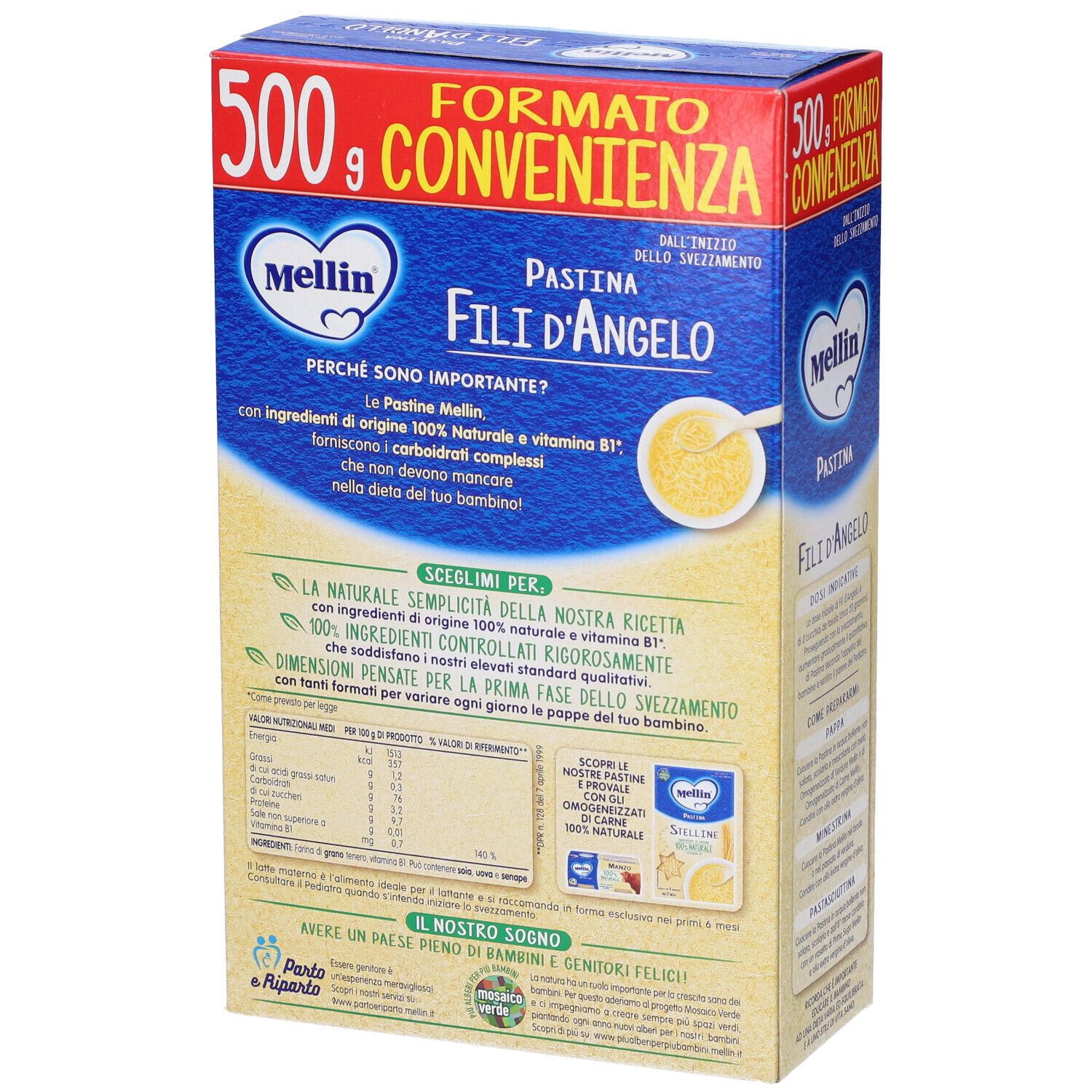 Mellin Pastina Fili D'Angelo. Confezione da 500g. Retro della confezione con testo e informazioni nutrizionali. Logo e nome del prodotto.