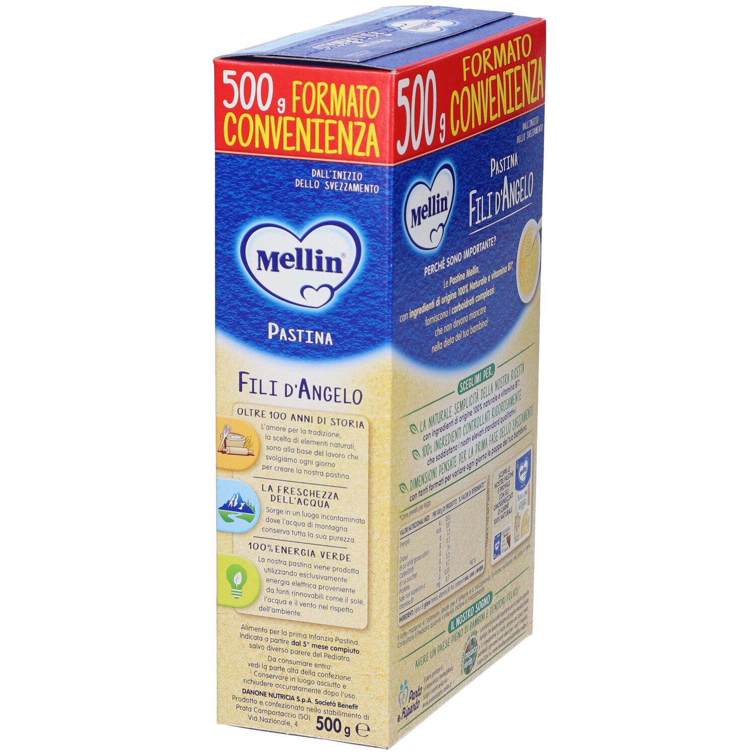 Mellin Pastina Fili D'Angelo. Confezione da 500g. Vista laterale con testo e logo. Confezione blu e rossa. Nome del prodotto.