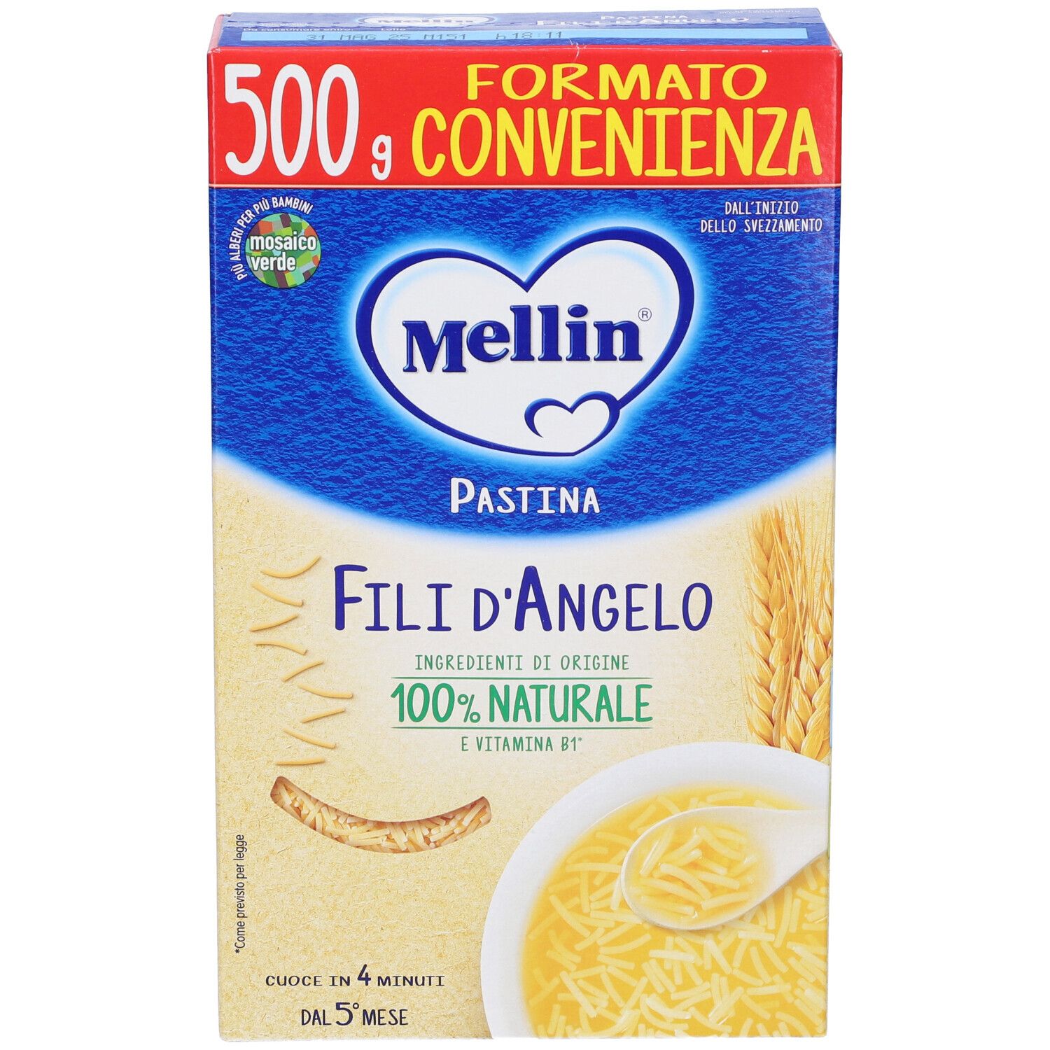 Mellin Pastina Fili D'Angelo. Confezione da 500g. Confezione blu e rossa con nome e logo del prodotto. Immagine di pasta in brodo.