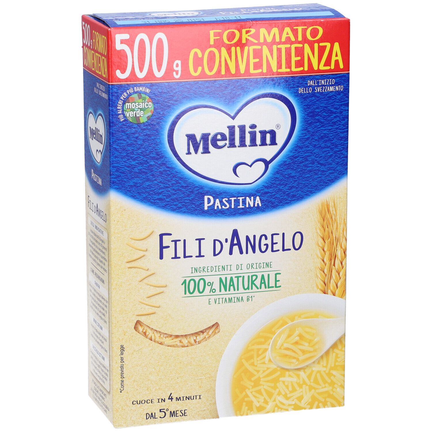 Mellin Pastina Fili D'Angelo. Confezione da 500g. Confezione blu e rossa con nome e logo del prodotto. Immagine di pasta in brodo.