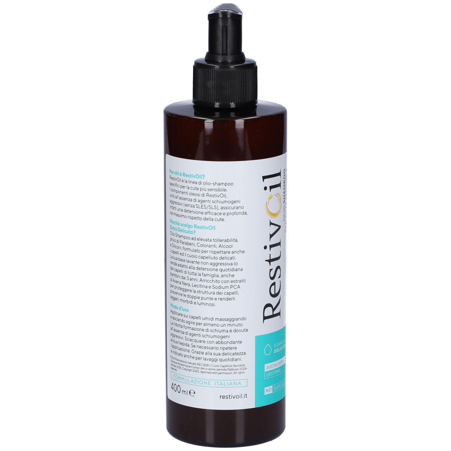 Braune Flasche mit Pumpspender, RestivOil Shampoo, 400 ml.
