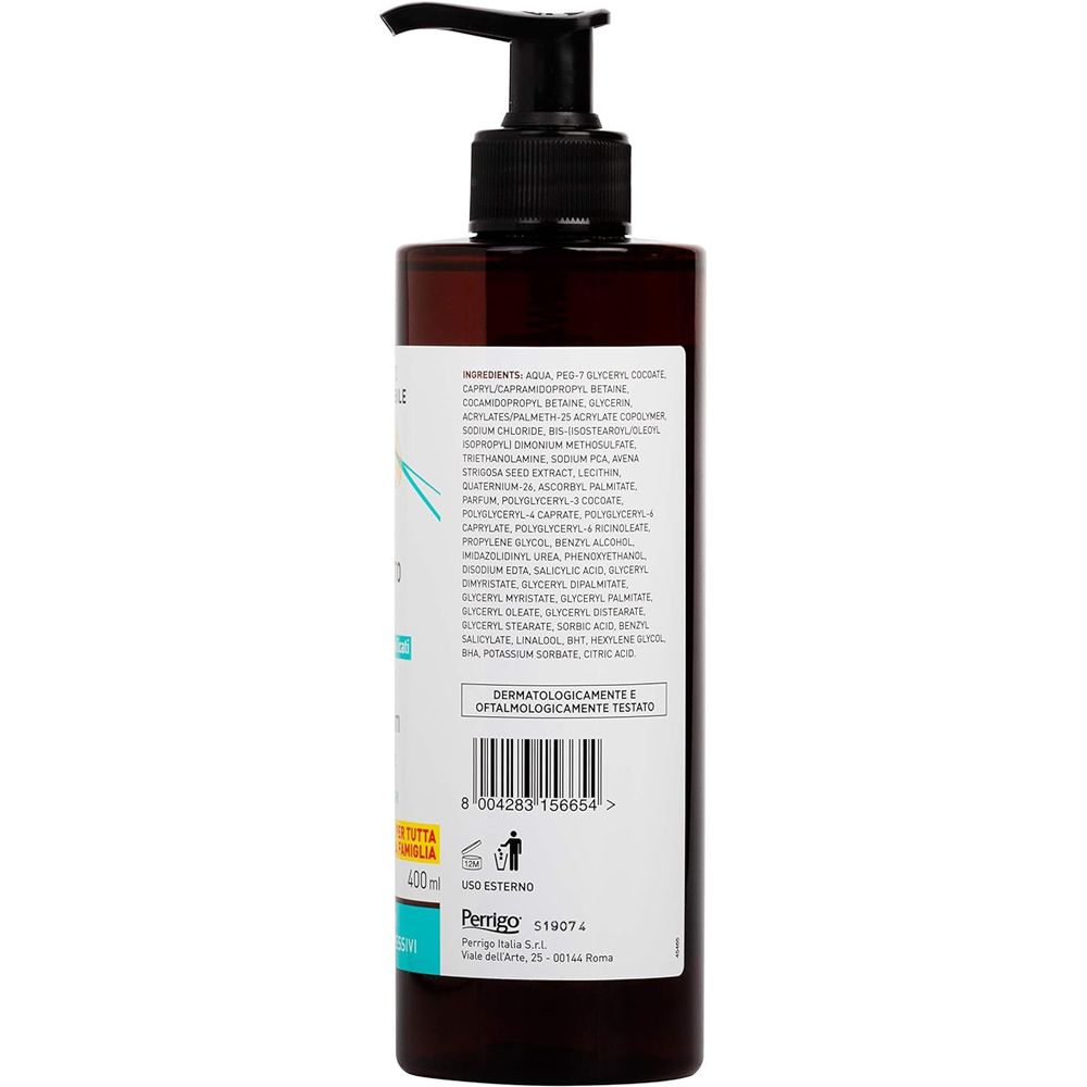 Retro del flacone marrone. Contiene ingredienti e informazioni sui test dermatologici. 400ml.