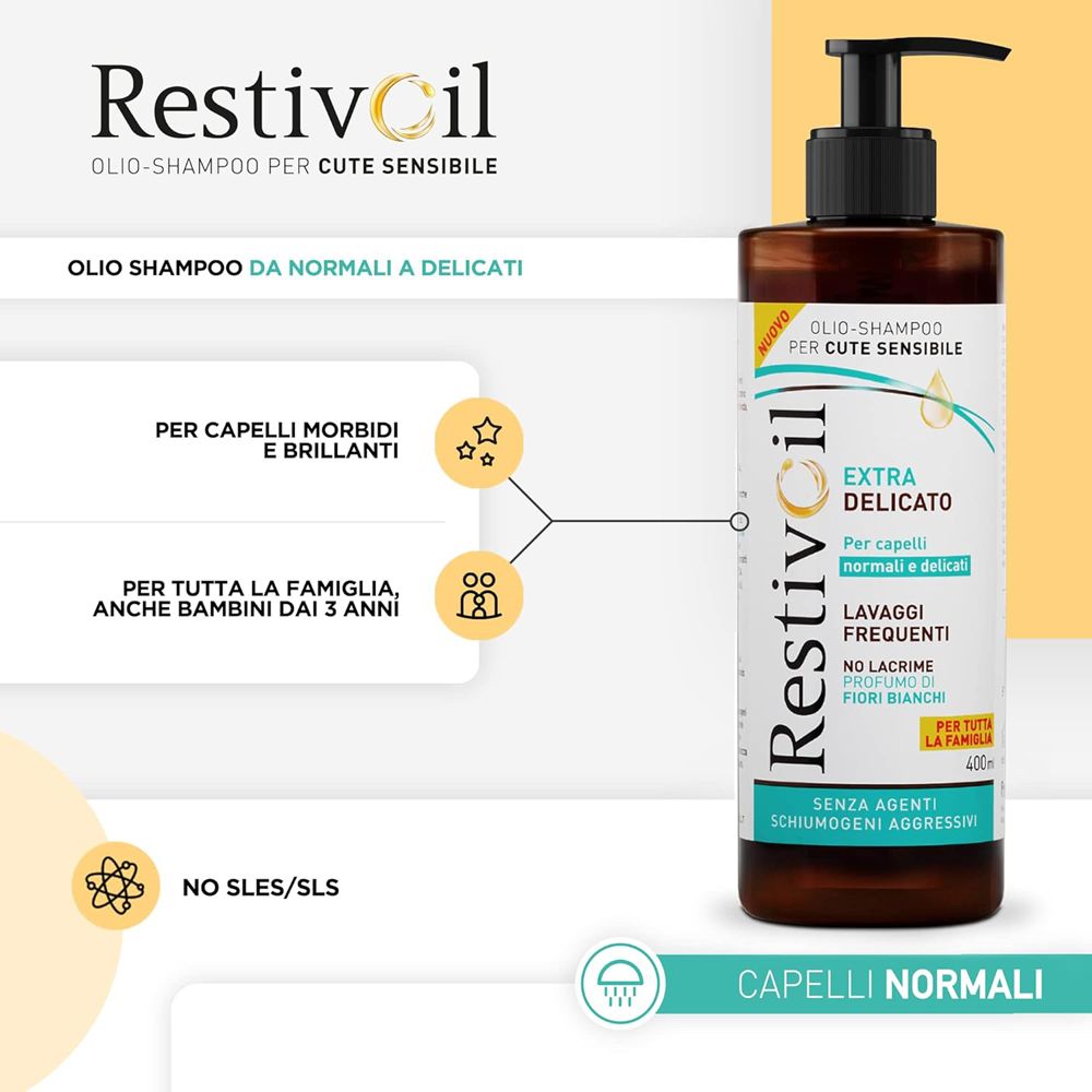 Immagine del prodotto con infografiche. Flacone Restivoil con testo: Extra Delicato. Per capelli normali. Senza SLS/SLES.