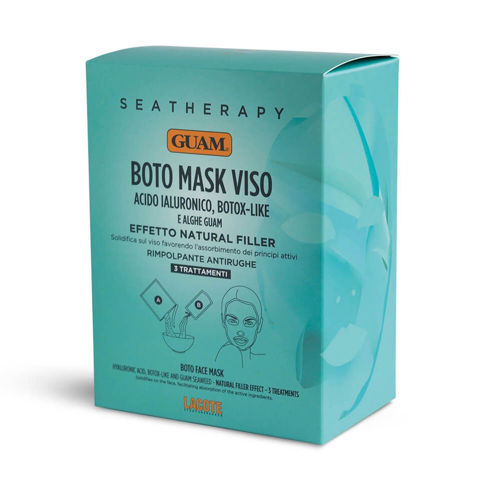 Scatola turchese con testo: GUAM Seatherapy Boto Maske Viso. Contiene 3 trattamenti. Illustrazione viso.