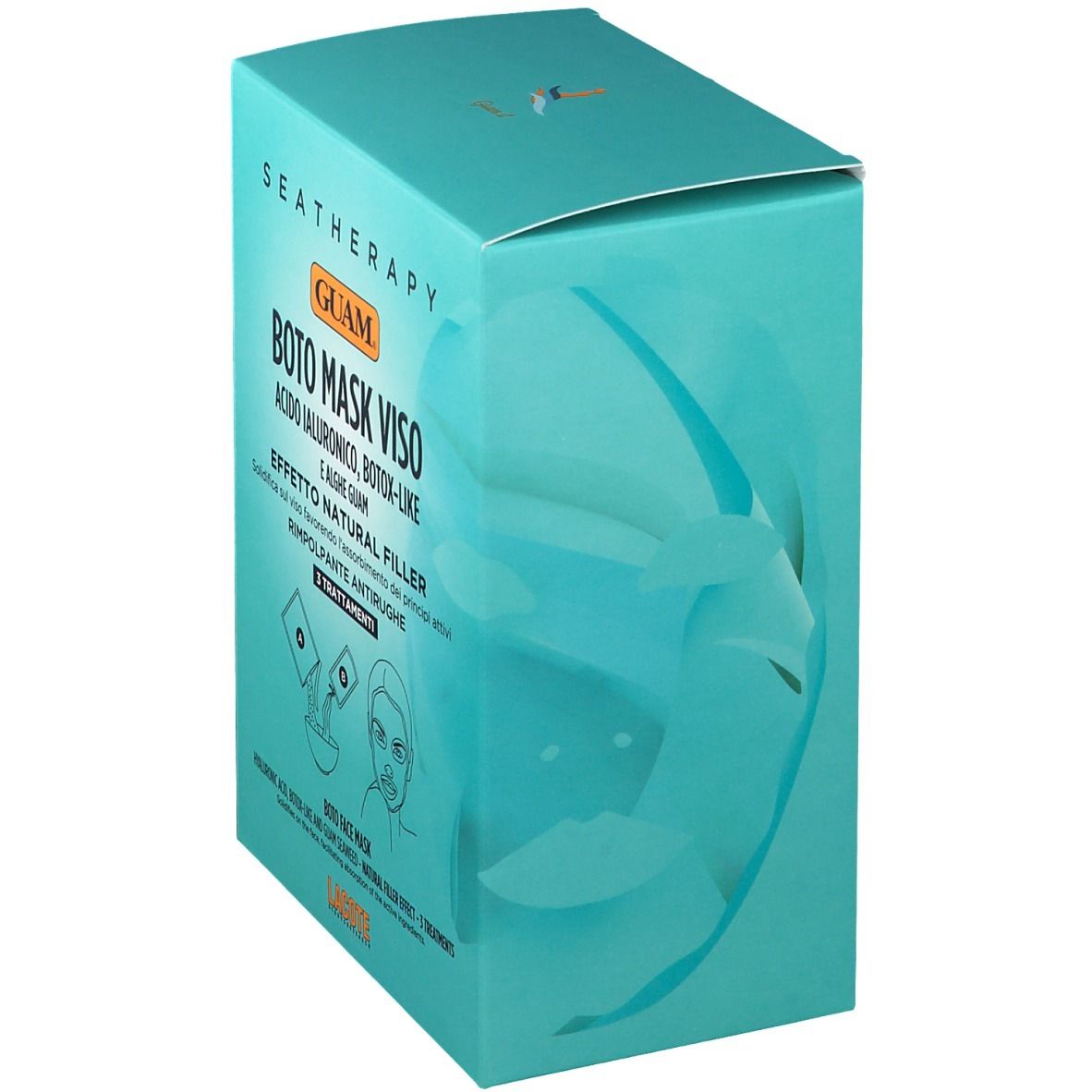 Scatola turchese con testo: GUAM Boto Maske Viso. Illustrazione di un viso. 3 trattamenti.
