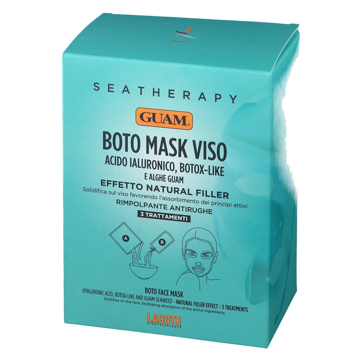 Scatola turchese con testo: GUAM Boto Maske Viso. Contiene 3 trattamenti. Illustrazioni.