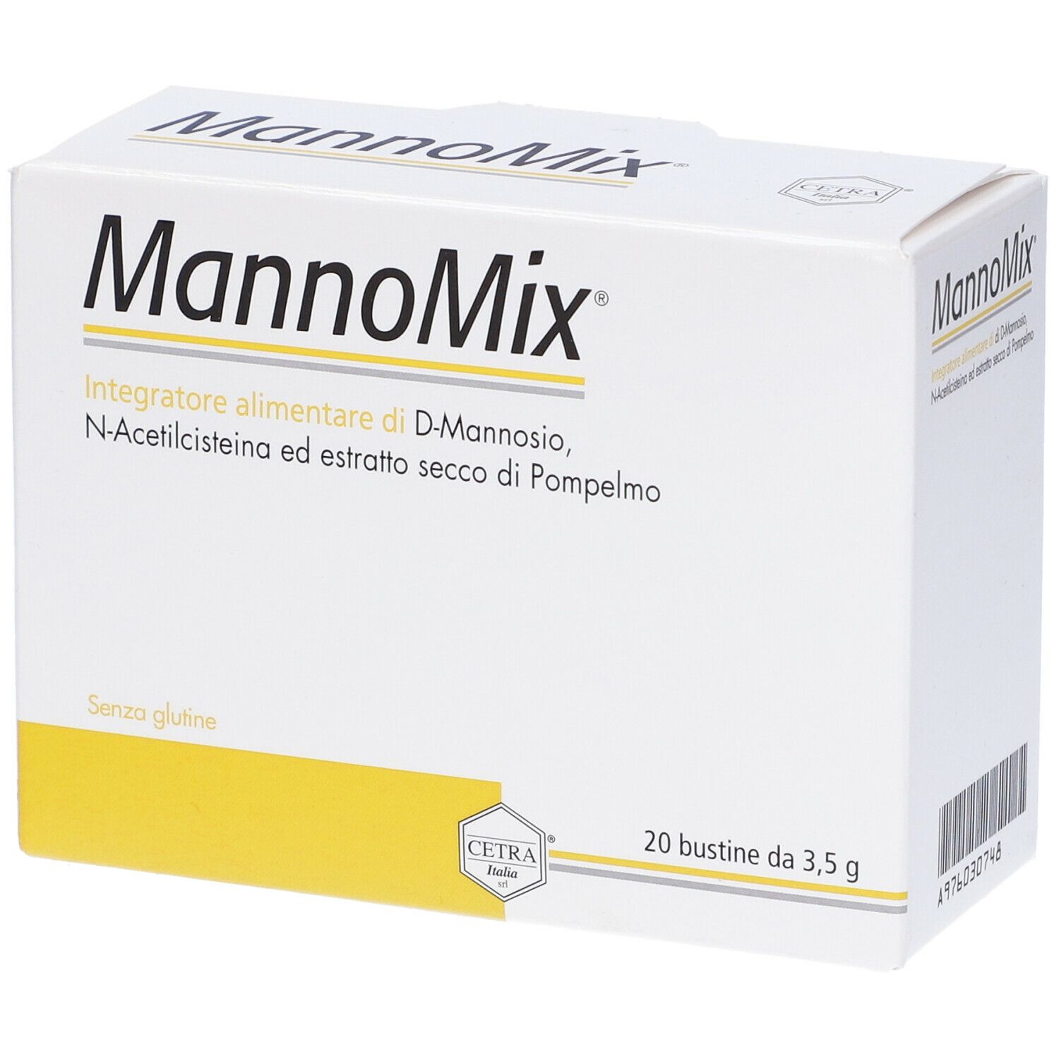 Scatola bianca con nome del prodotto e ingredienti. 20 bustine da 3,5 g. Senza glutine. Logo Cetra.