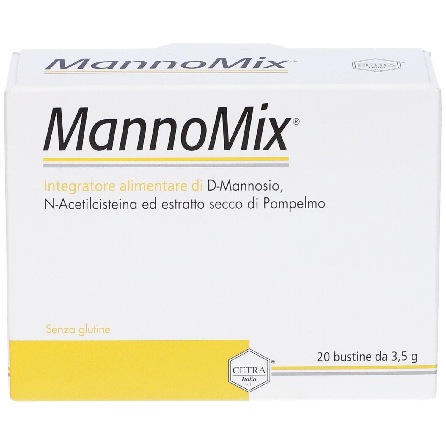 Scatola bianca con nome del prodotto e ingredienti. 20 bustine da 3,5 g. Senza glutine. Logo Cetra.