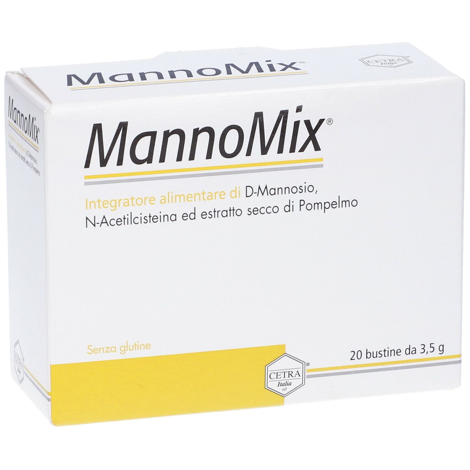 Scatola bianca con nome del prodotto e ingredienti. 20 bustine da 3,5 g. Senza glutine. Logo Cetra.