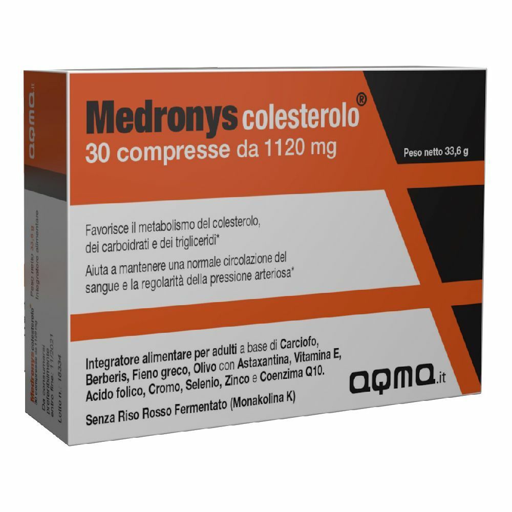 Scatola arancione con nome del prodotto e 30 compresse. Testo in italiano. Marchio aqma.it.