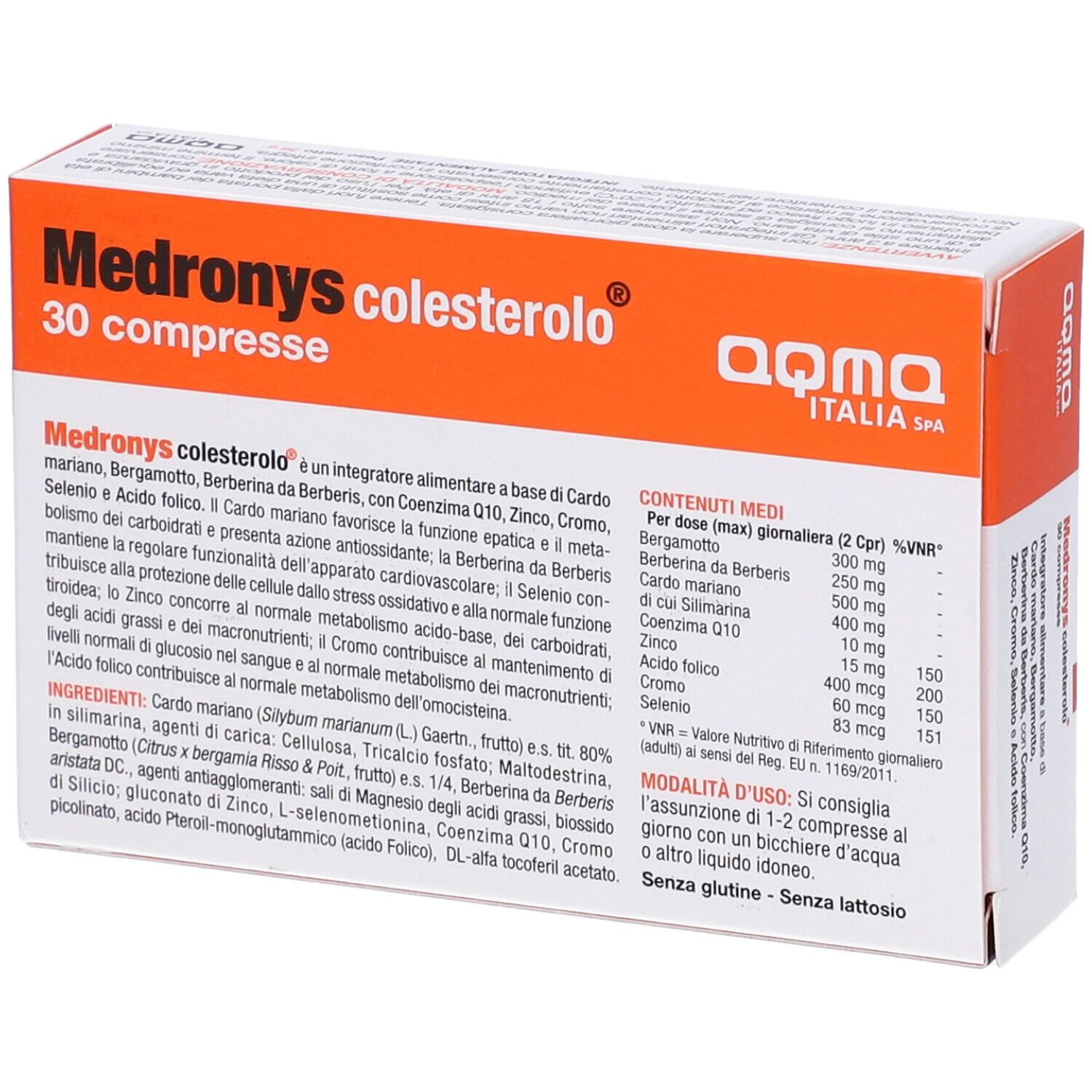 Scatola arancione e bianca con nome del prodotto e 30 compresse. Testo in italiano. Marchio aqma.it.