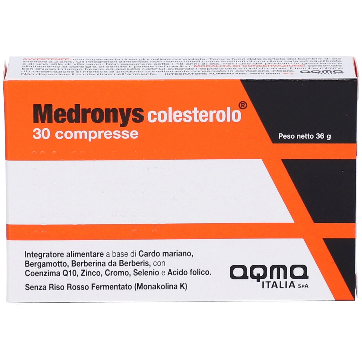 Scatola arancione e bianca con nome del prodotto e 30 compresse. Testo in italiano. Marchio aqma.it.