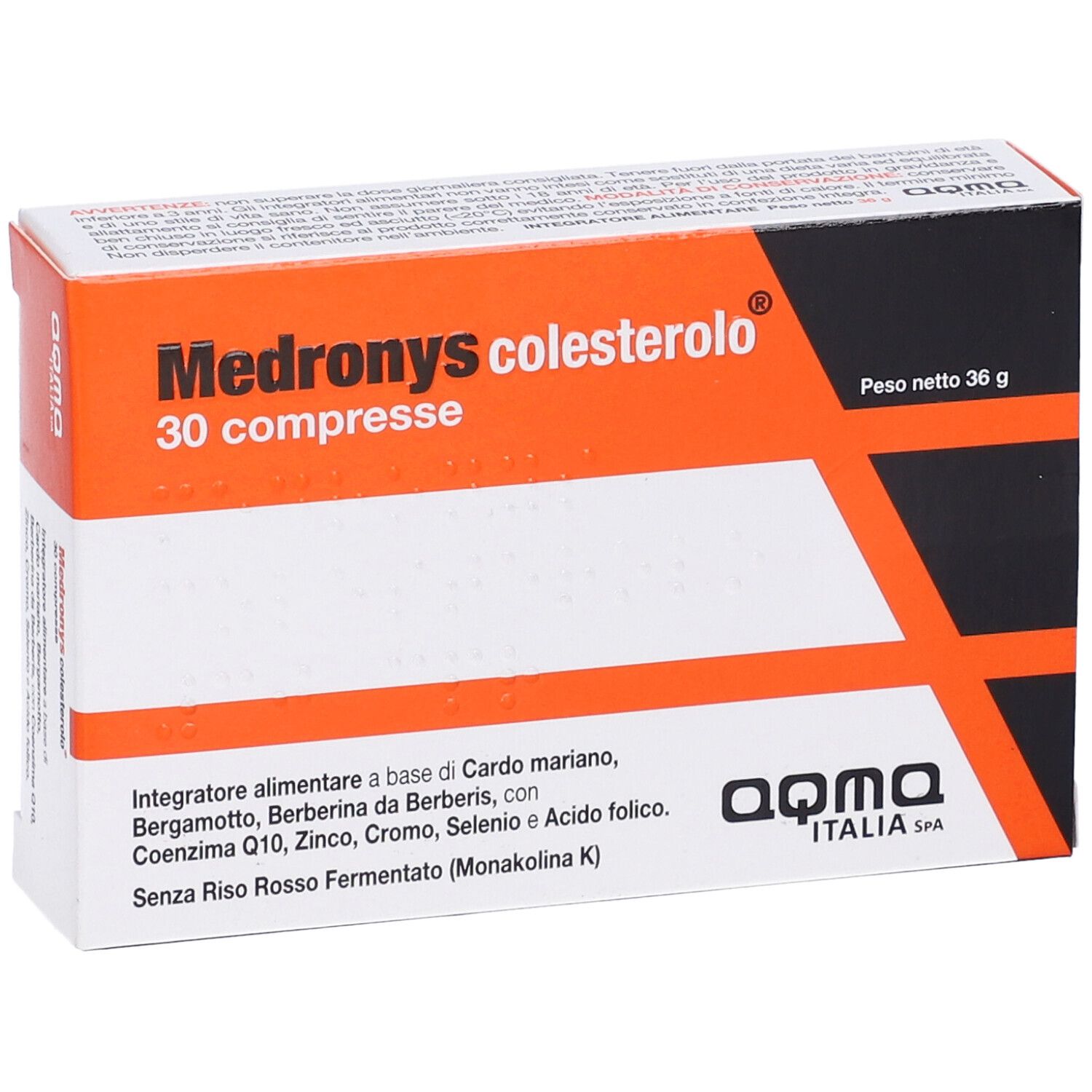 Scatola arancione e bianca con nome del prodotto e 30 compresse. Testo in italiano. Marchio aqma.it.
