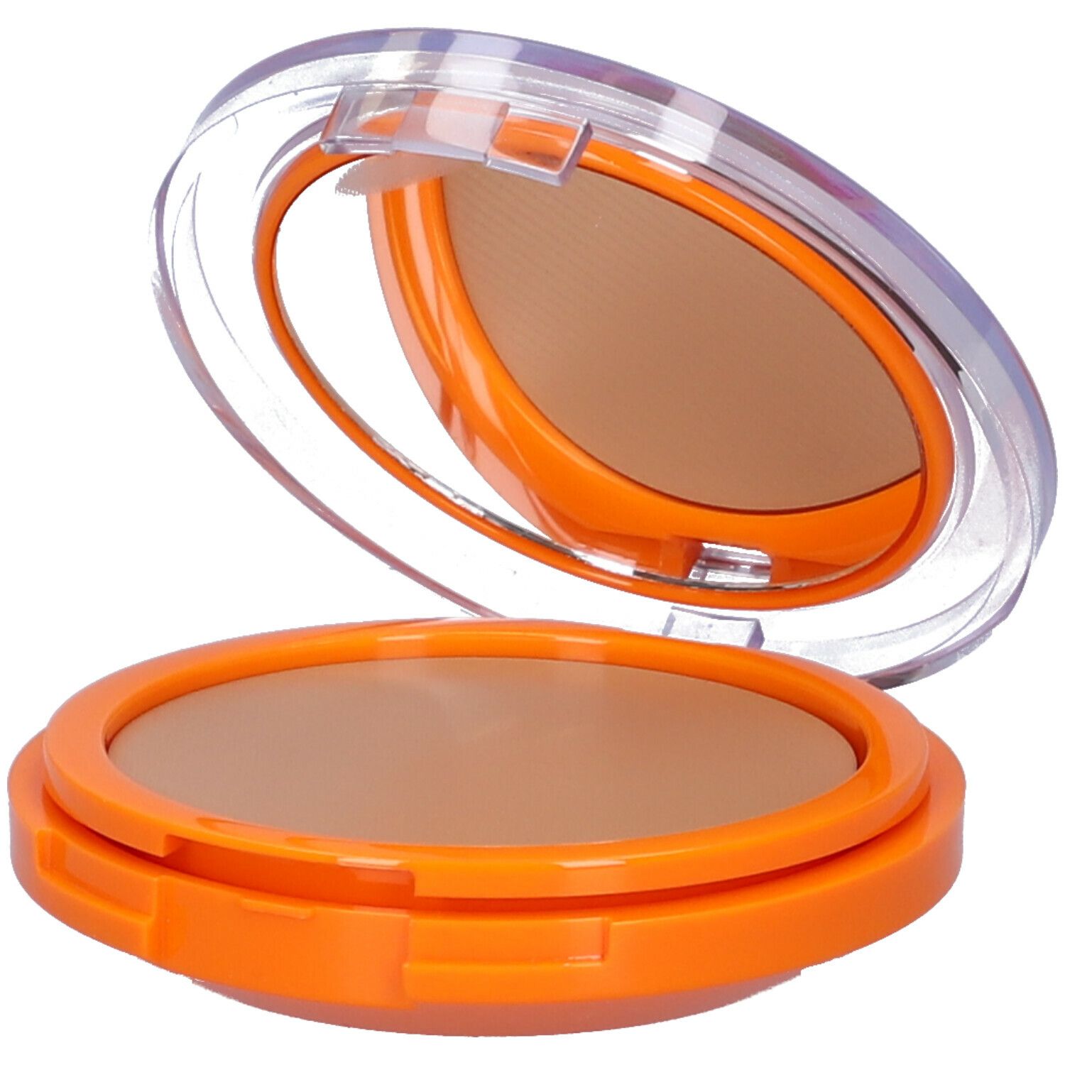 Cipria compatta con specchio. Contenitore arancione, coperchio trasparente. Aperto.