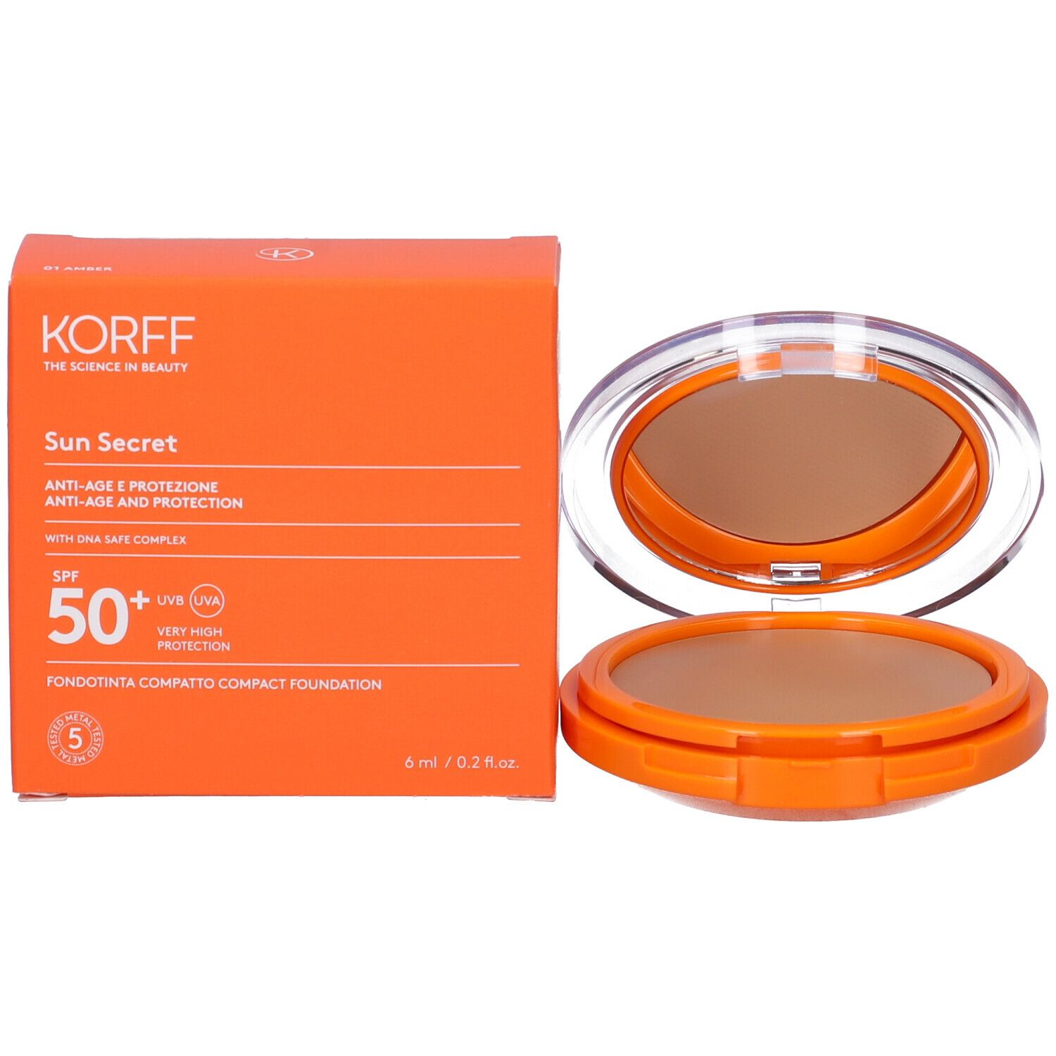 Cipria compatta con specchio. Confezione arancione. Nome prodotto e SPF visibili.