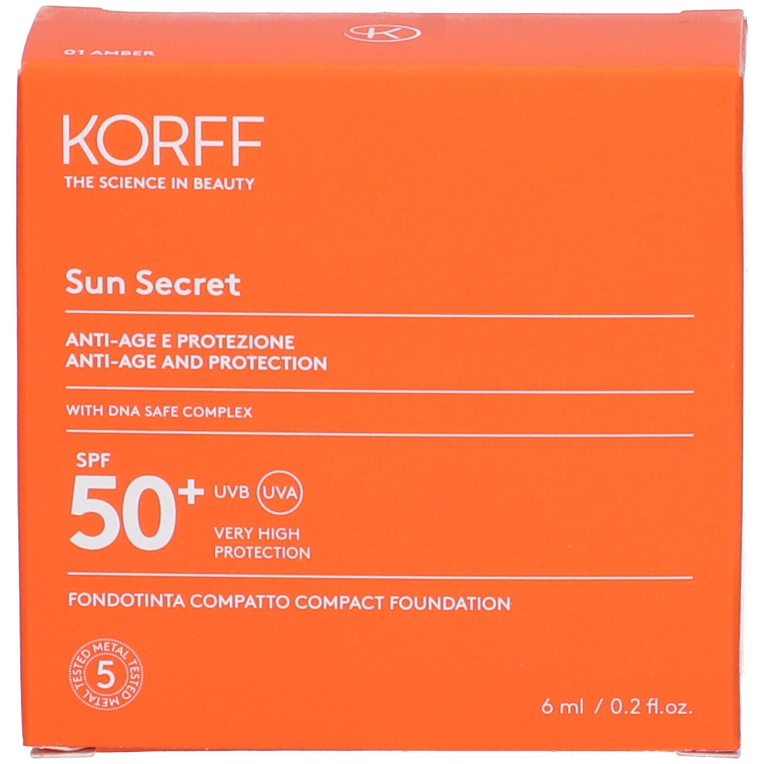 Confezione arancione. Nome prodotto, SPF 50+ e altre informazioni visibili.