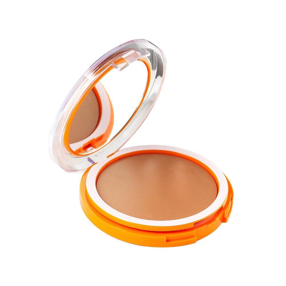 Cofanetto fondotinta compatto arancione con specchio. Coperchio aperto, prodotto visibile.