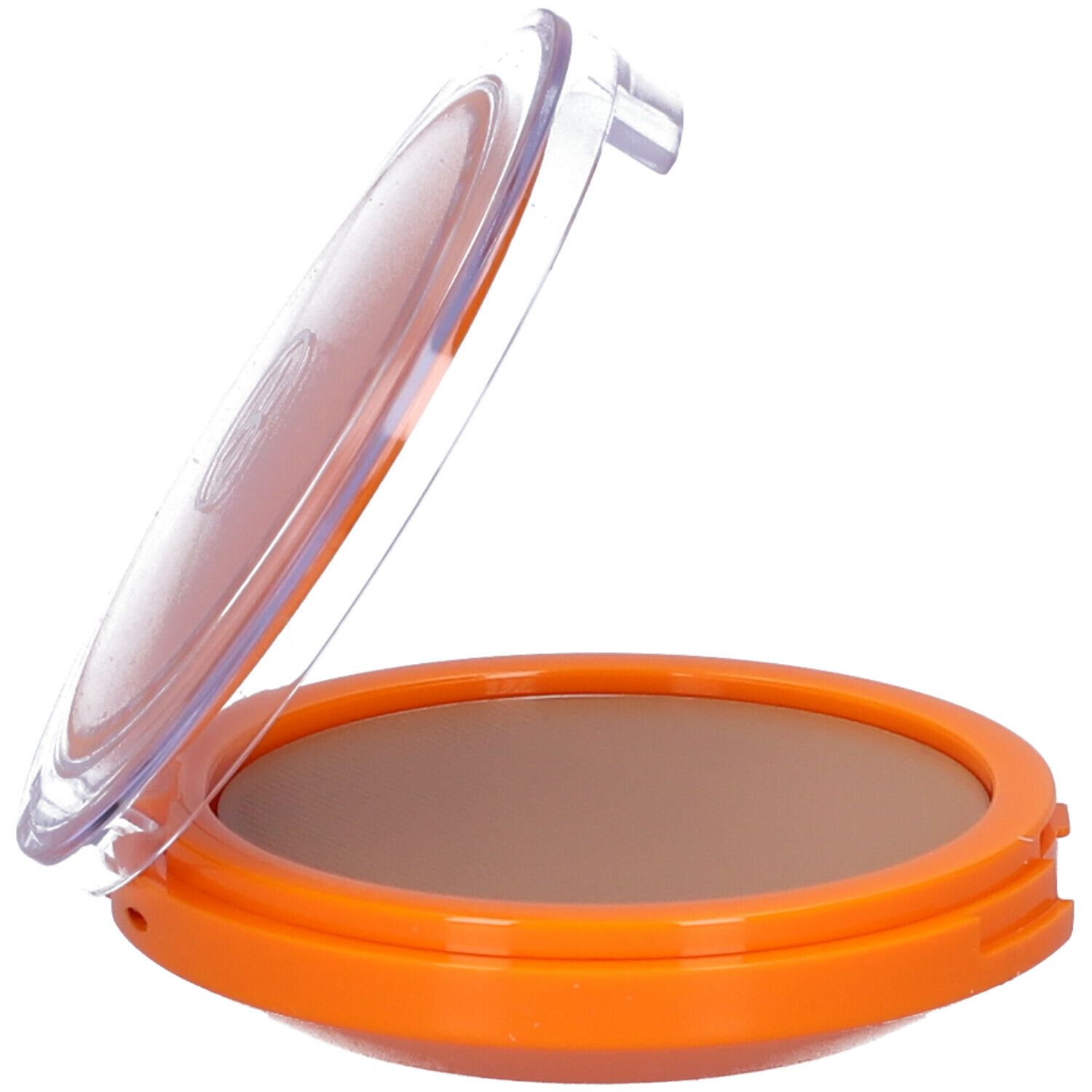 Cofanetto fondotinta compatto arancione con specchio. Coperchio aperto, prodotto visibile.