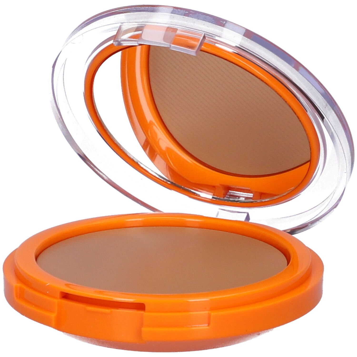 Cofanetto fondotinta compatto arancione con specchio. Coperchio aperto, prodotto visibile.
