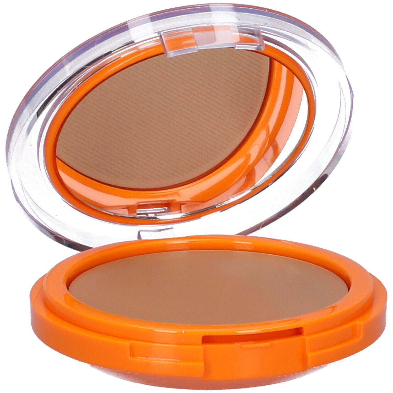 Cofanetto fondotinta compatto arancione con specchio. Coperchio aperto, prodotto visibile.