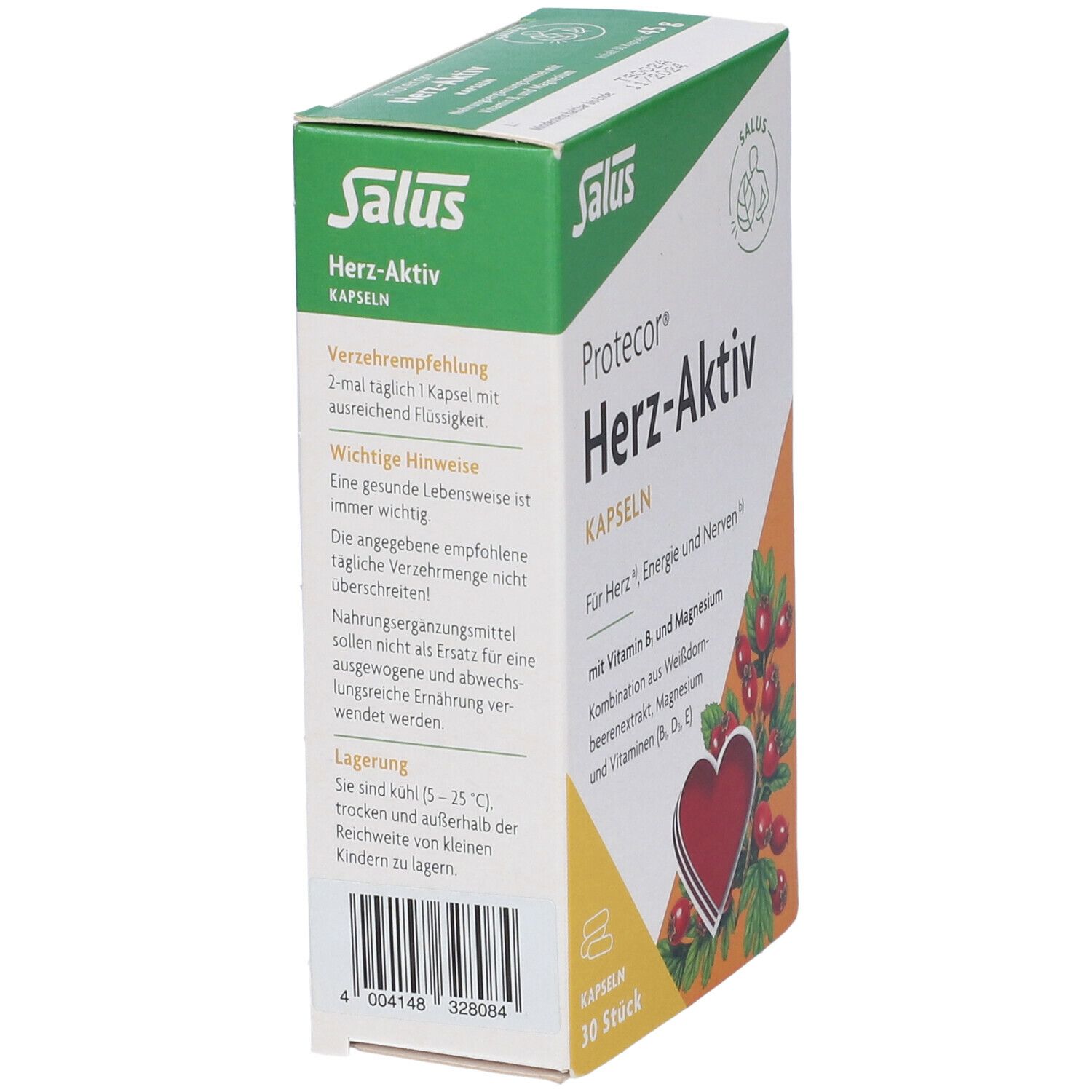 Scatola di capsule Protecor Herz-Aktiv. Contiene informazioni sull'uso e la conservazione. Con codice a barre e informazioni del produttore.