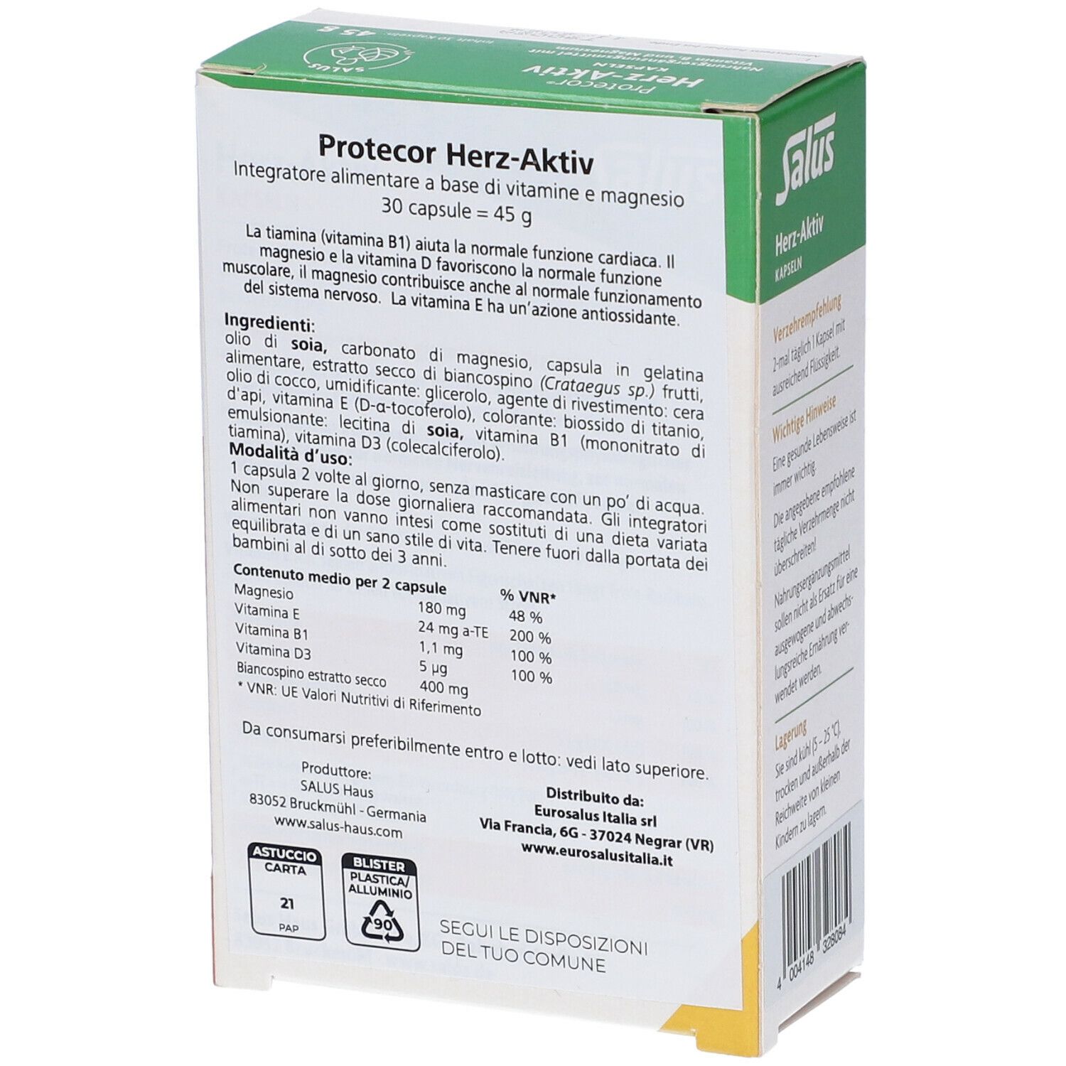 Retro della confezione delle capsule Protecor Herz-Aktiv. Contiene informazioni su ingredienti, dosaggio e valori nutrizionali.