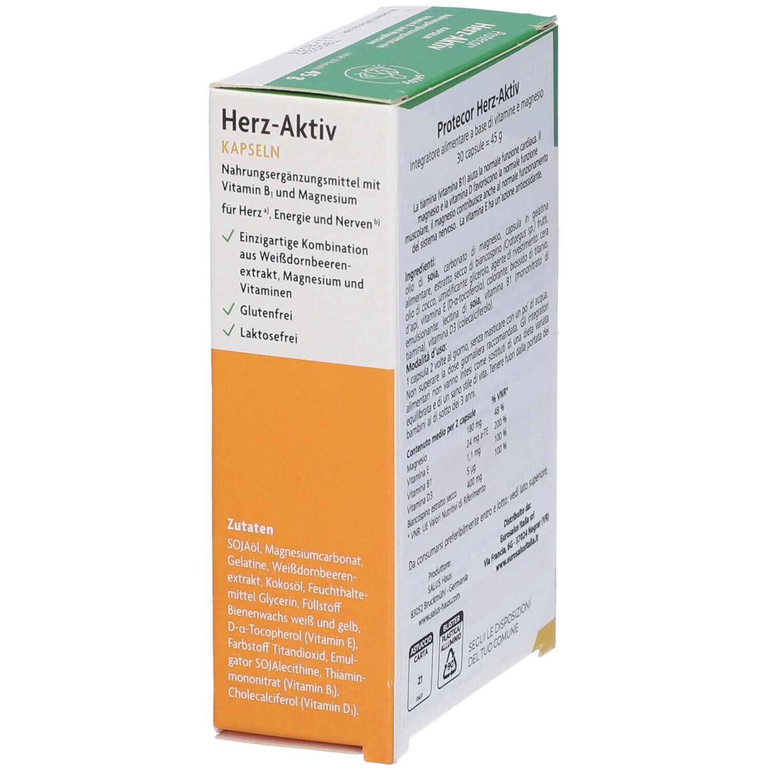Vista laterale della confezione delle capsule Protecor Herz-Aktiv. Contiene informazioni su ingredienti e valori nutrizionali.