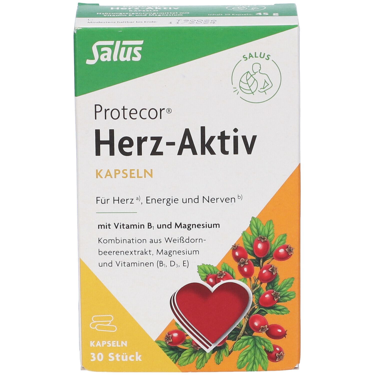 Scatola di capsule Protecor Herz-Aktiv. Contiene 30 pezzi. Scritta: Per cuore, energia e nervi. Con vitamina B, magnesio e biancospino.