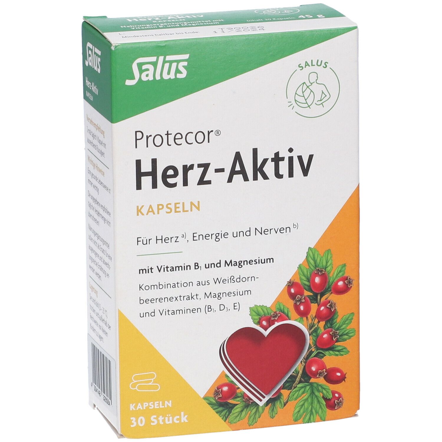 Scatola di capsule Protecor Herz-Aktiv. Contiene 30 pezzi. Scritta: Per cuore, energia e nervi. Con vitamina B, magnesio e biancospino.