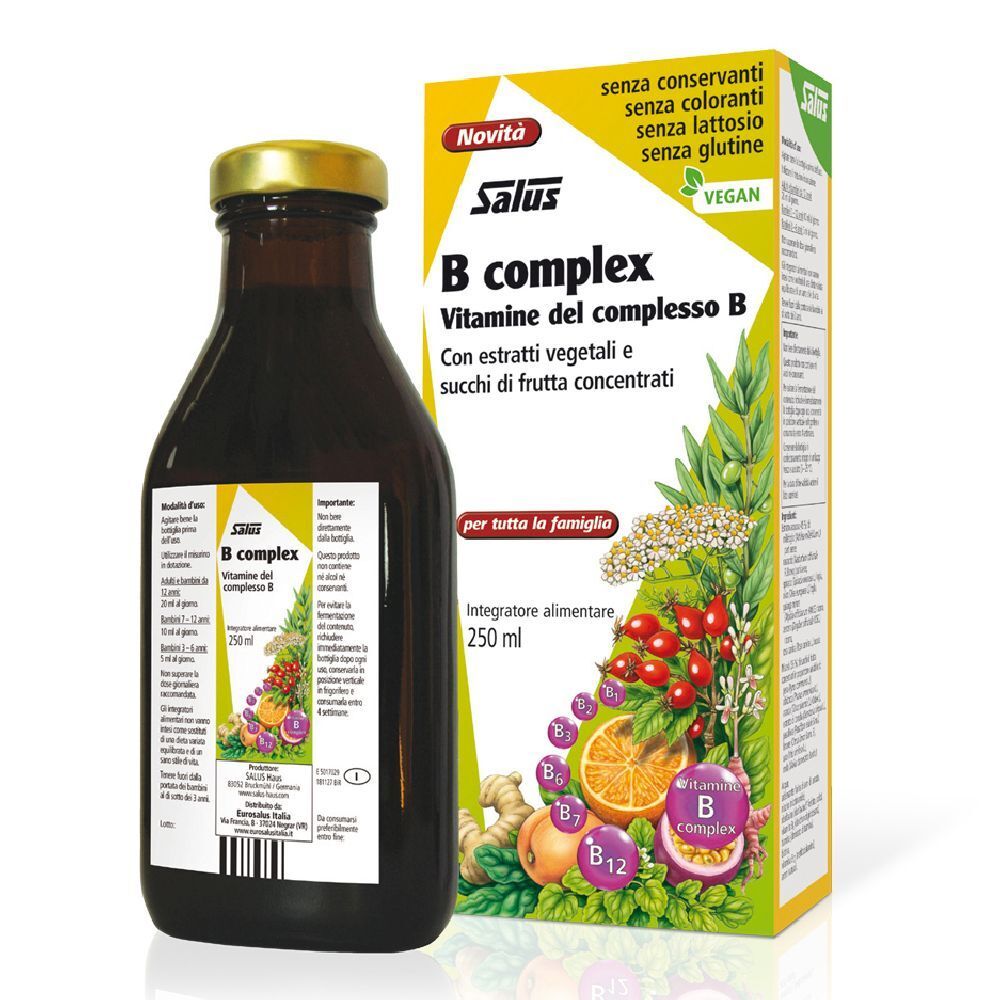 Bottiglia di vetro marrone e confezione gialla. Scritta: Salus B complex. Con vitamine e succhi di frutta concentrati.
