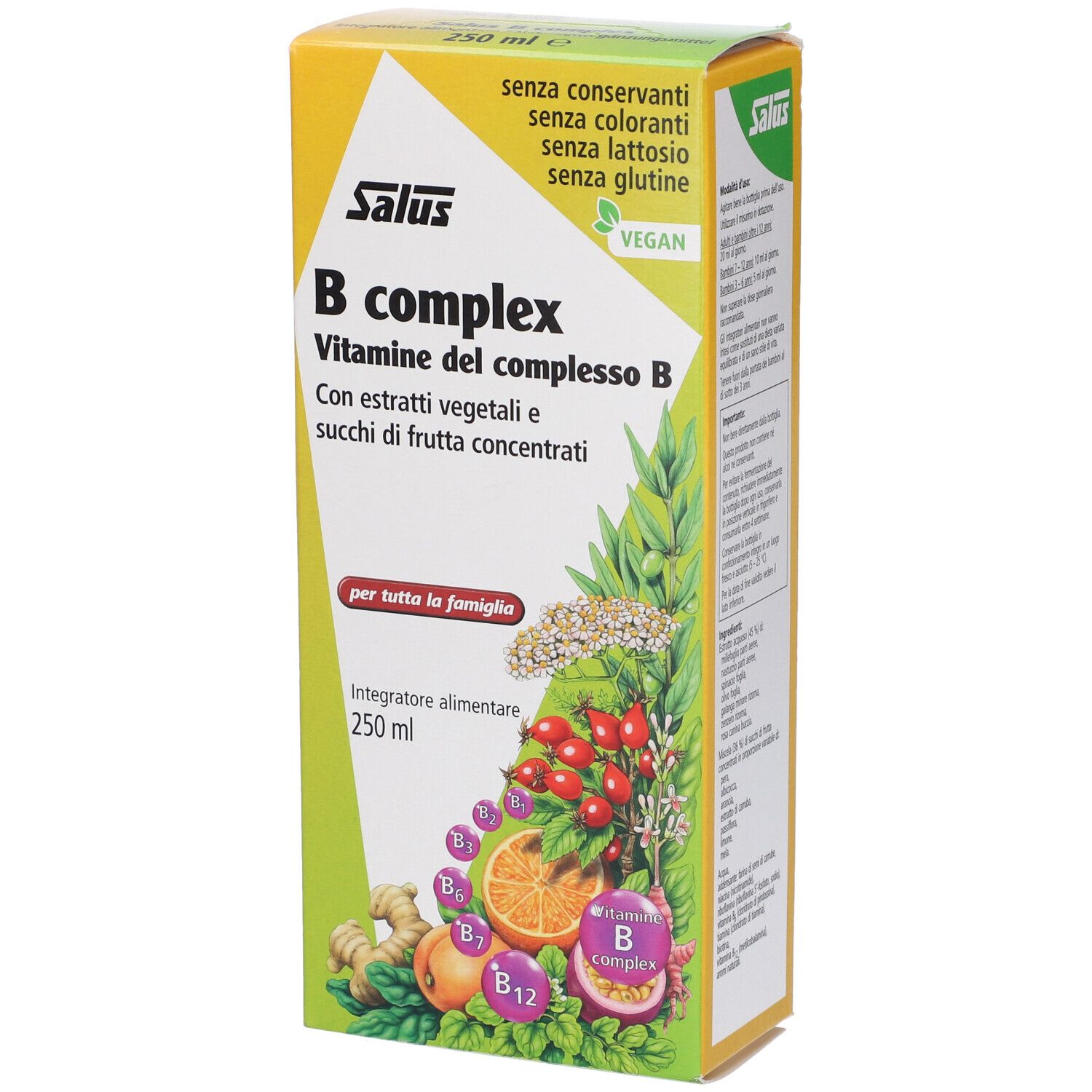 Confezione gialla con scritta Salus B complex. Contiene vitamine e succhi di frutta. Vegan. Senza conservanti, coloranti, lattosio, glutine.
