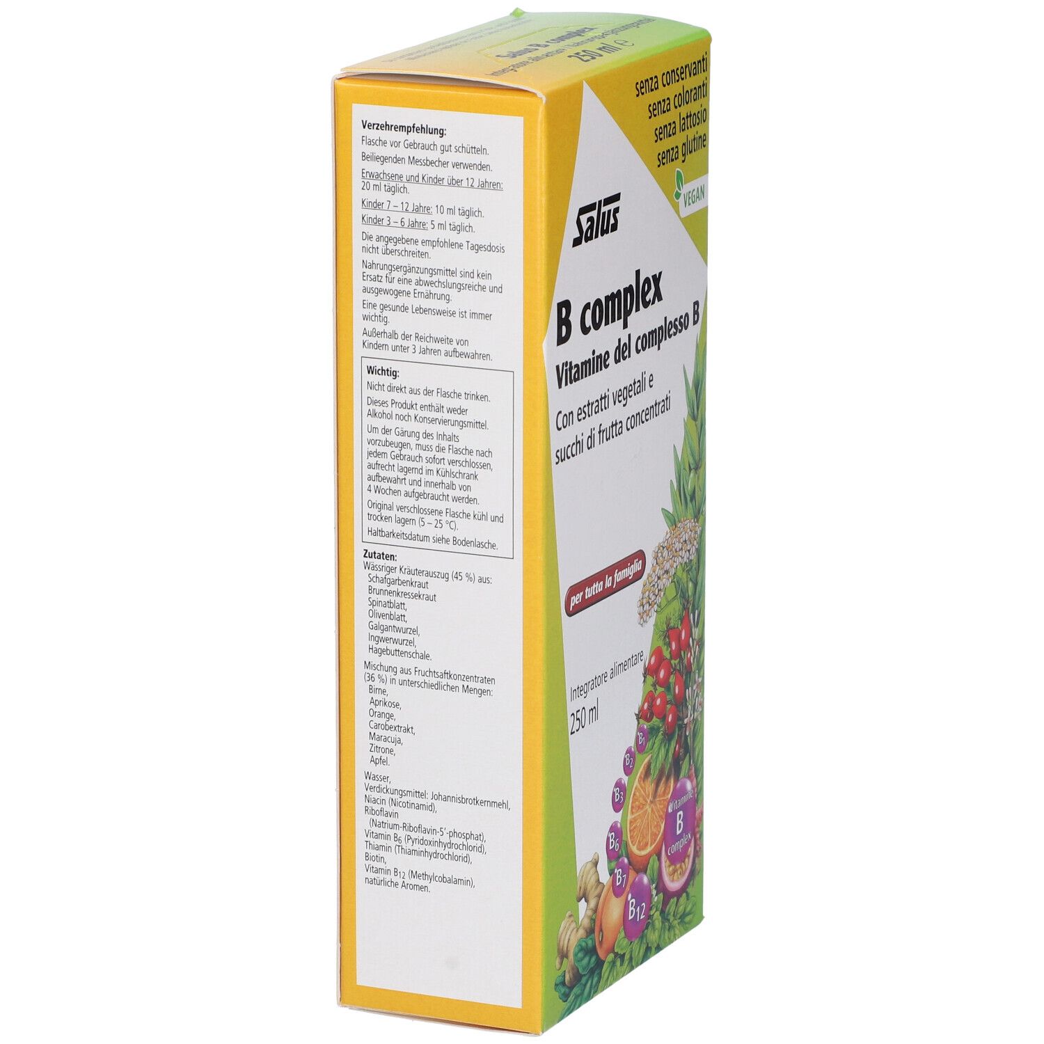 Lato di confezione gialla. Scritta Salus B complex. Contiene vitamine e succhi di frutta. Vegan. Senza conservanti, coloranti, lattosio, glutine.