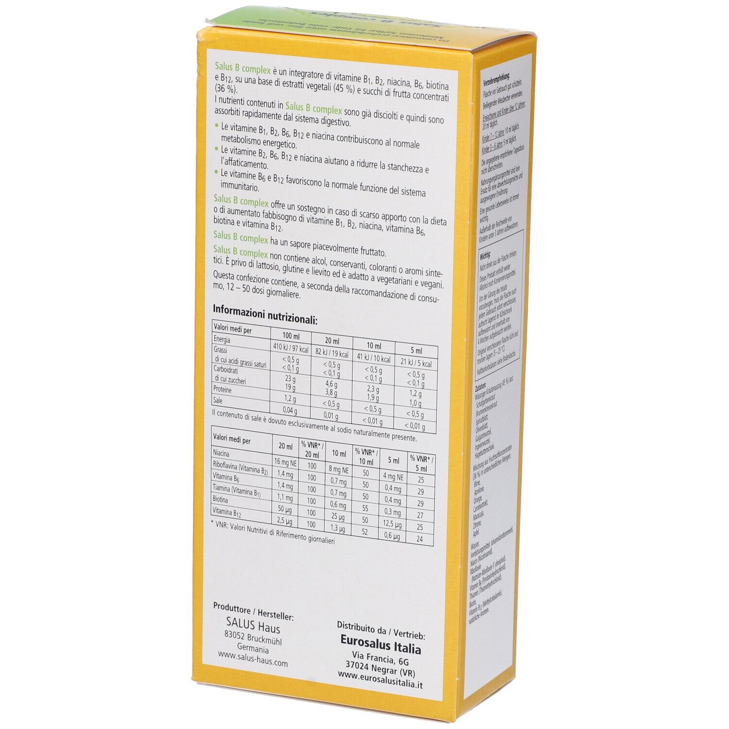 Retro confezione gialla. Contiene informazioni su ingredienti e valori nutrizionali. Scritta Salus B complex. Vegan. Senza conservanti, coloranti, lattosio, glutine.