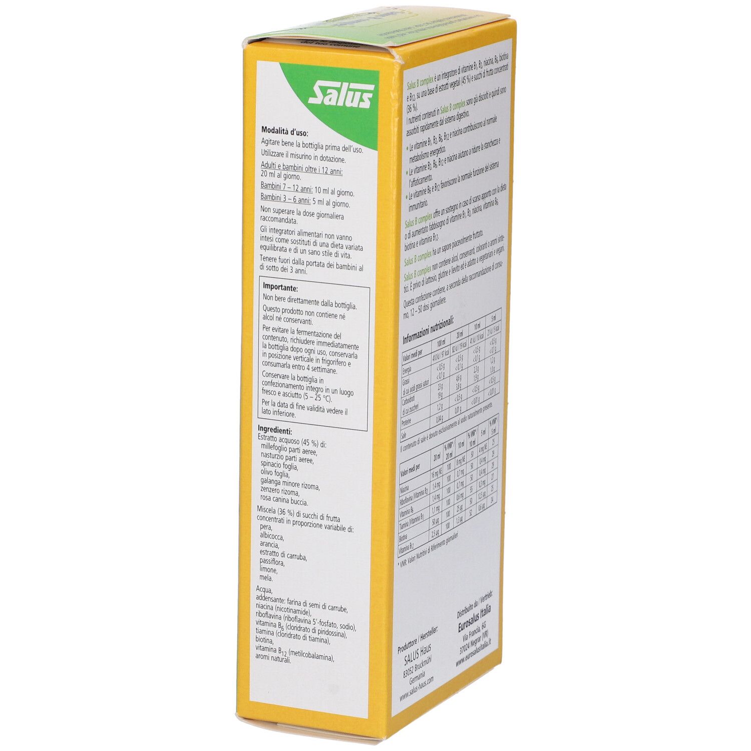 Lato confezione gialla. Contiene informazioni sull'uso e sugli ingredienti. Scritta Salus B complex. Vegan. Senza conservanti, coloranti, lattosio, glutine.