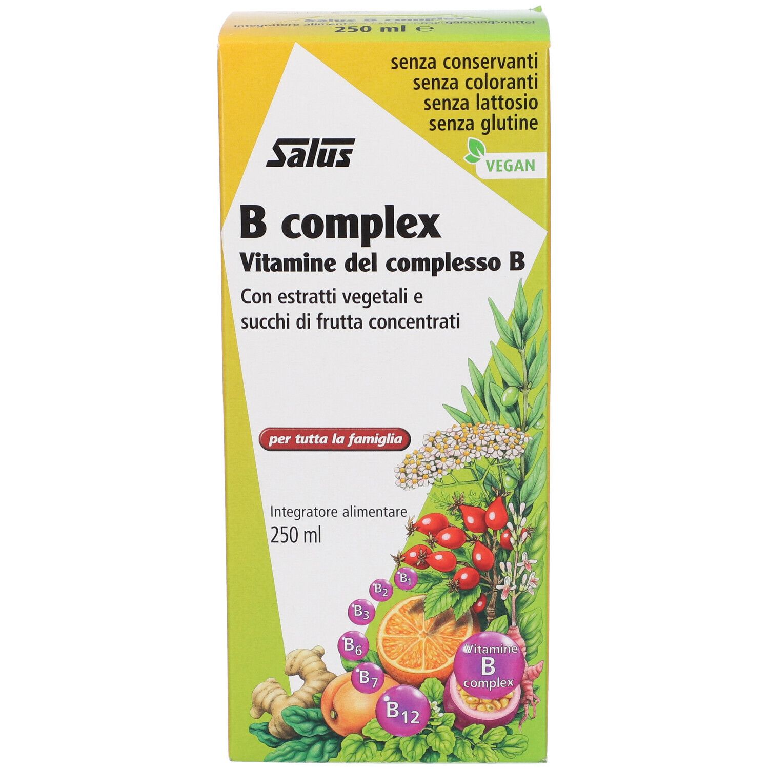 Confezione gialla con scritta Salus B complex. Contiene vitamine e succhi di frutta. Vegan. Senza conservanti, coloranti, lattosio, glutine.