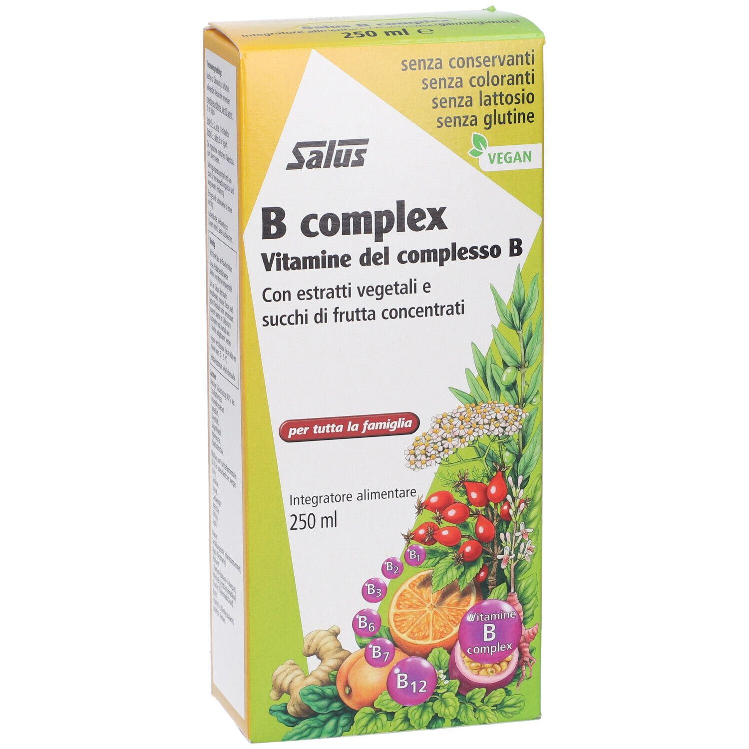 Confezione gialla con scritta Salus B complex. Contiene vitamine e succhi di frutta. Vegan. Senza conservanti, coloranti, lattosio, glutine.