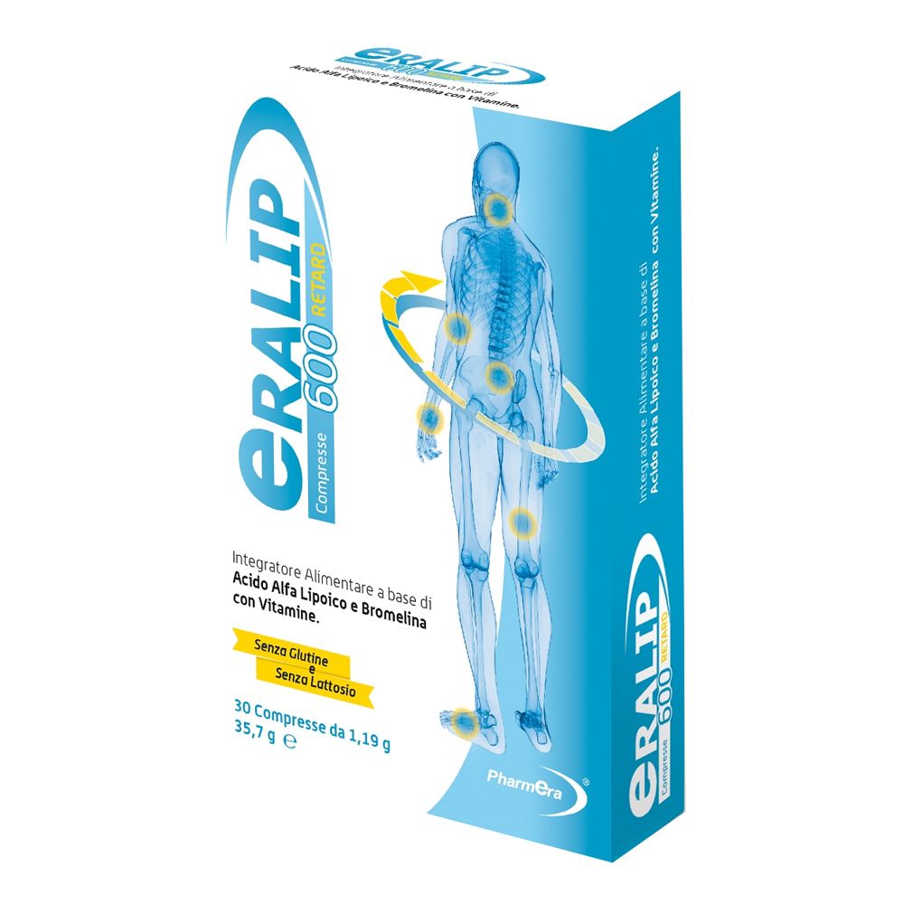 Scatola di compresse ERALIP 600 RETARD. Scatola blu e bianca con nome del prodotto, ingredienti e illustrazione del corpo umano.