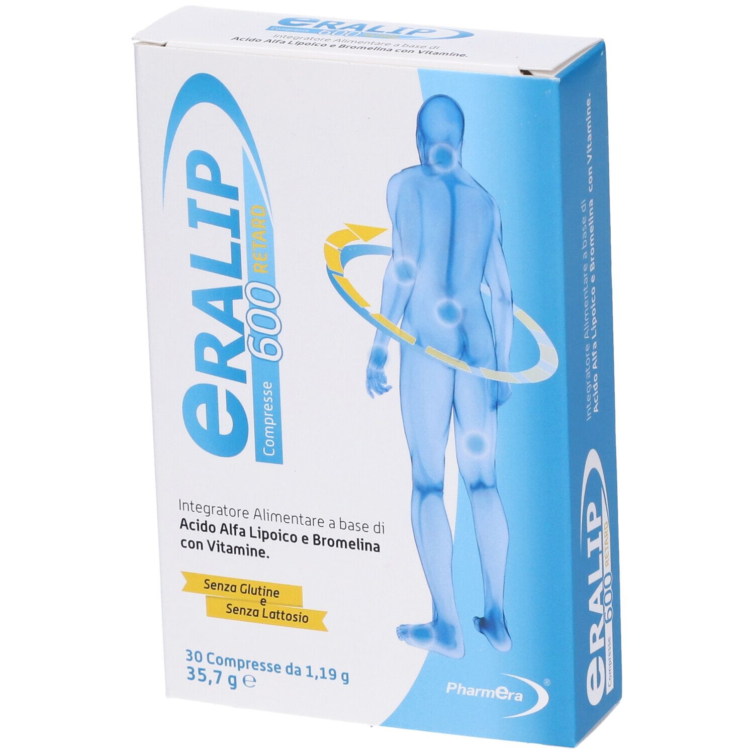 Scatola di compresse ERALIP 600 RETARD. Scatola blu e bianca con nome del prodotto, ingredienti e illustrazione del corpo umano.