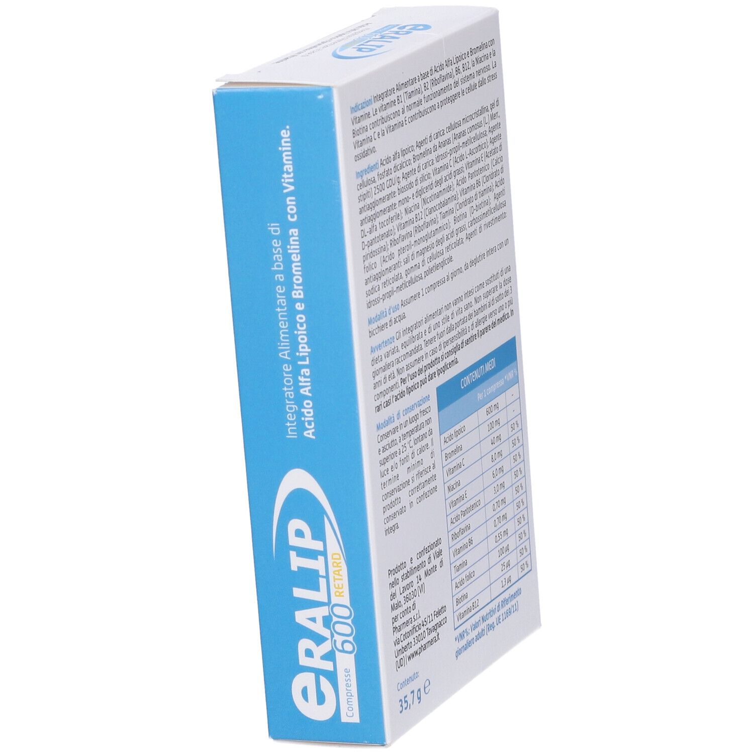 Scatola di compresse ERALIP 600 RETARD. Scatola blu e bianca con nome del prodotto e ingredienti.