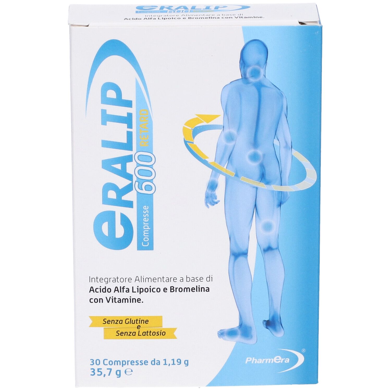 Scatola di compresse ERALIP 600 RETARD. Scatola blu e bianca con nome del prodotto, ingredienti e illustrazione del corpo umano.