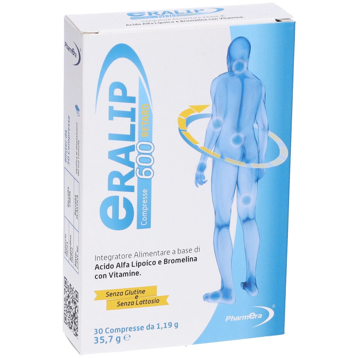 Scatola di compresse ERALIP 600 RETARD. Scatola blu e bianca con nome del prodotto, ingredienti e illustrazione del corpo umano.