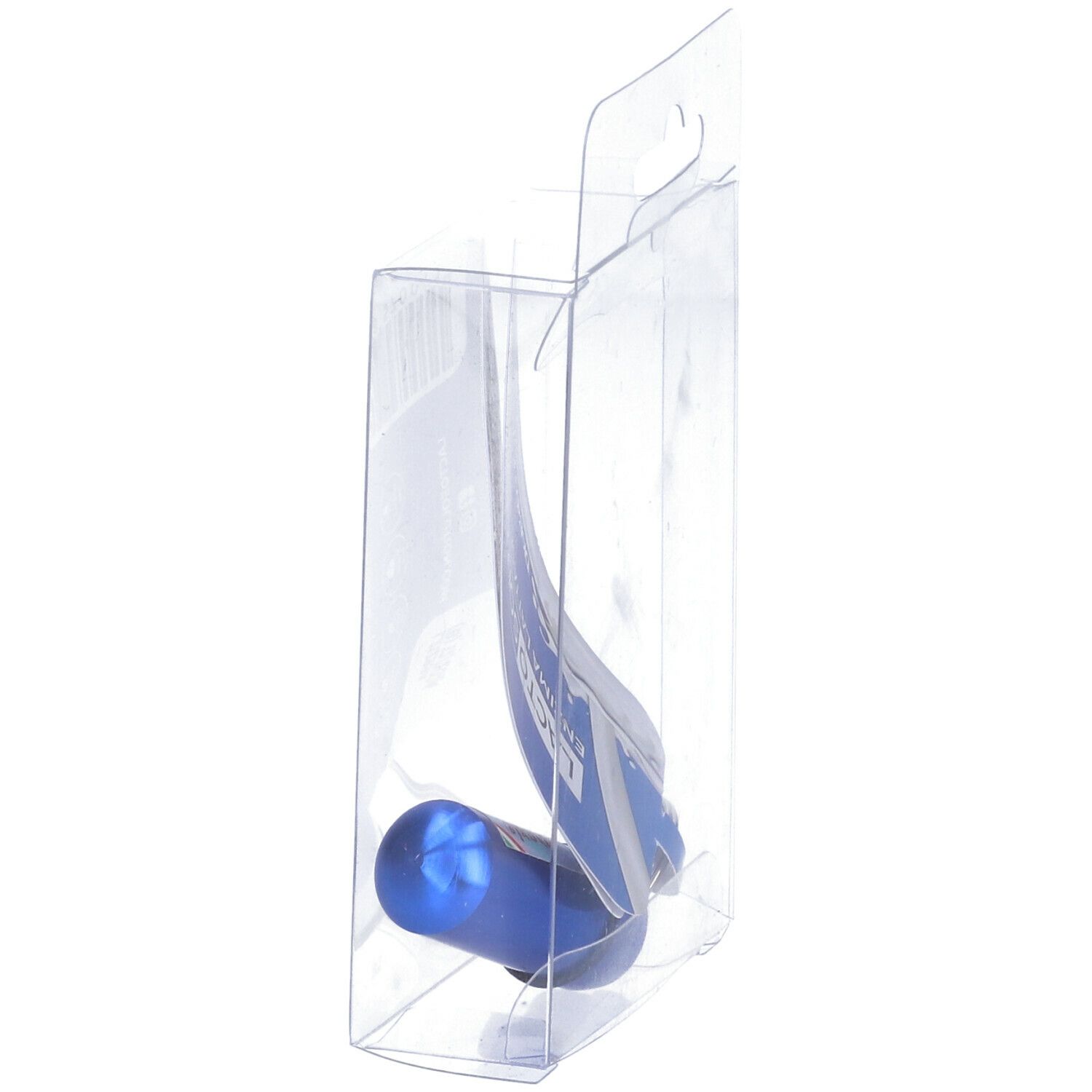Astuccio blu per compresse con portachiavi in confezione trasparente. Vista laterale, etichetta parzialmente visibile.