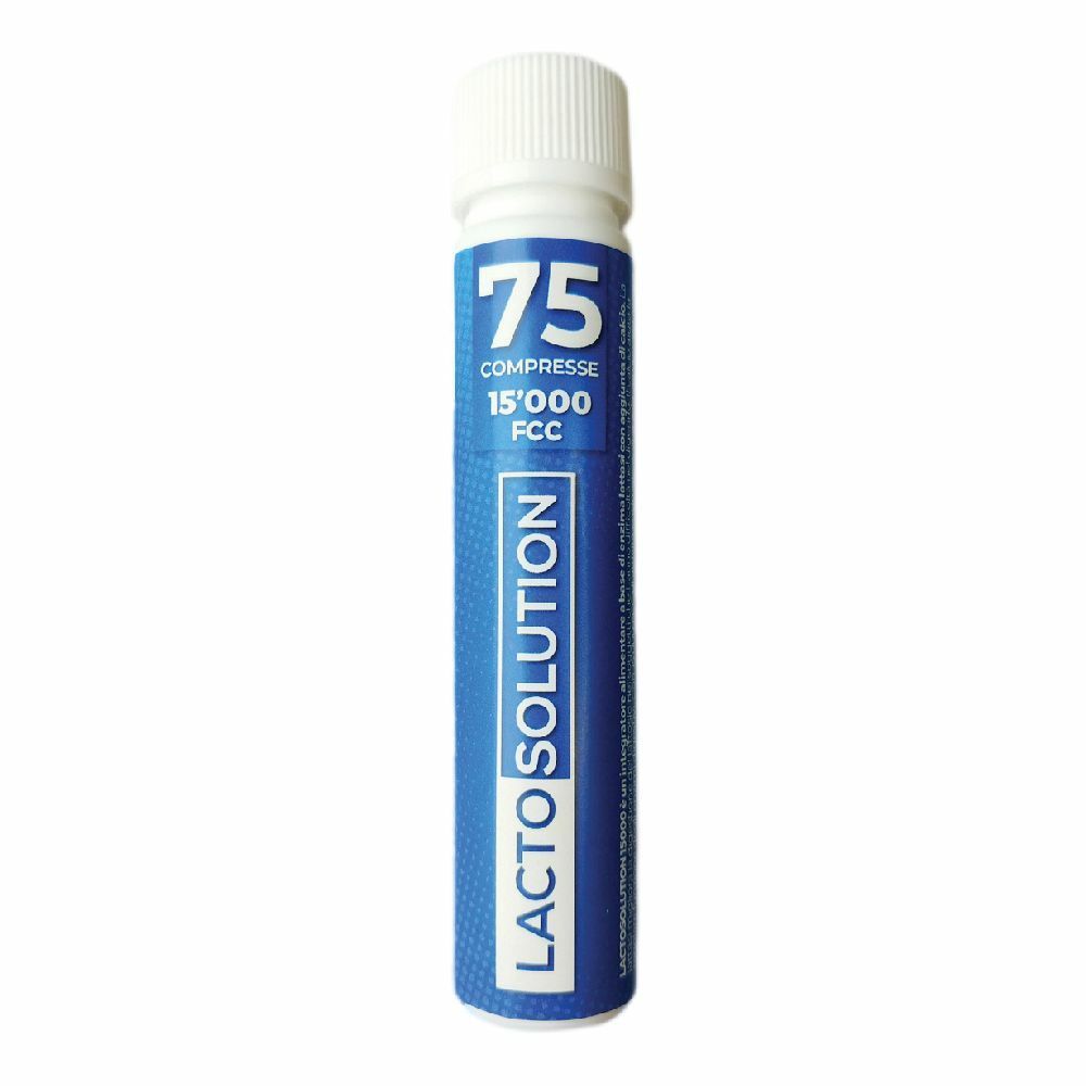 Flacone cilindrico con tappo bianco. Etichetta blu con "75 Compresse", "15'000 FCC" e "Lactosolution".
