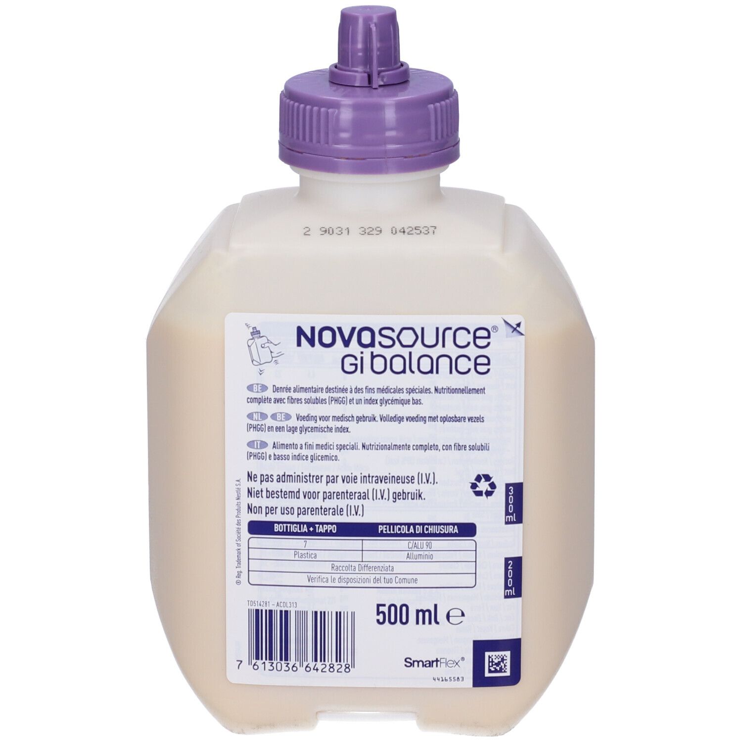 Bottiglia Nestle Novasource Gi Balance. Tappo viola. Retro con nome prodotto, testo e logo.