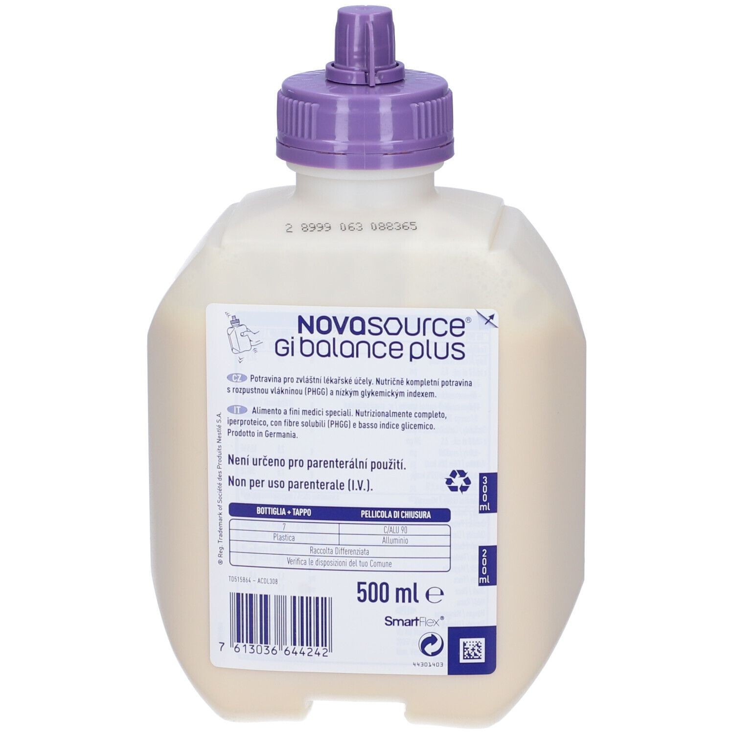 Bottiglia Novasource Gi Balance Plus con tappo viola. Retro con informazioni sul prodotto e logo.