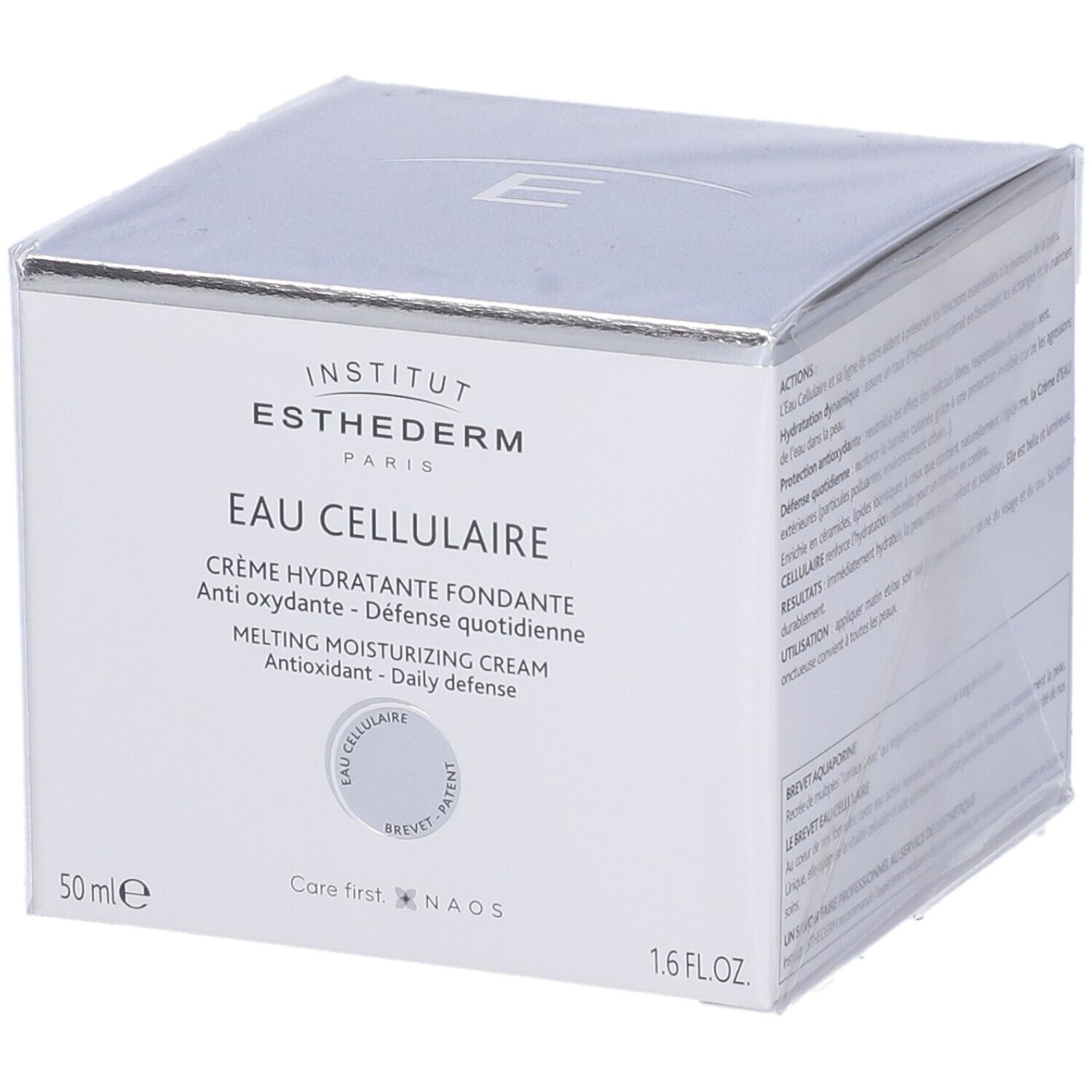 Scatola bianca con logo e nome del prodotto: Eau Cellulaire Crème Hydratante Fondante. 50 ml, 1.6 FL.OZ.