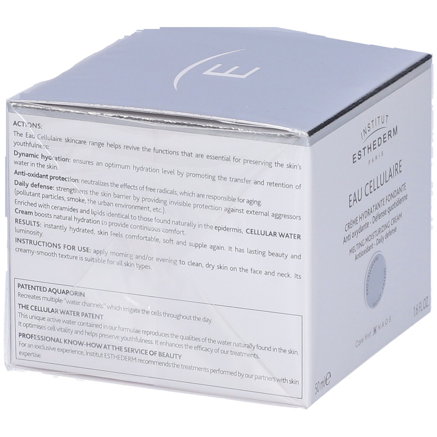 Scatola bianca, testo in francese, inglese e tedesco. Nome prodotto: Eau Cellulaire. Informazioni sull'uso e sugli ingredienti.
